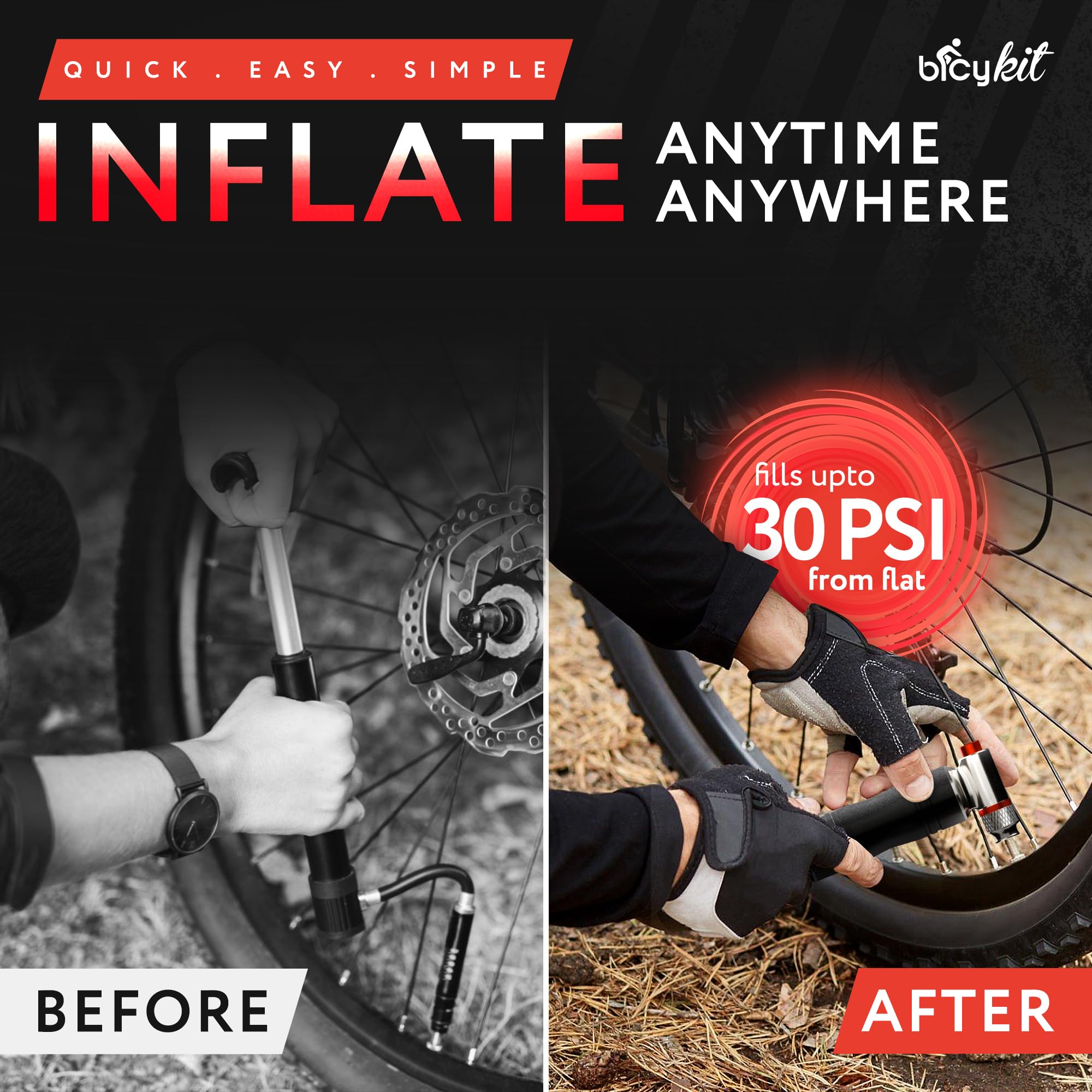 BicyKit - Inflador de neumáticos de bicicleta de CO2 con 4 cartuchos de CO2 - Válvula Presta y Schrader compatible con bicicletas de carretera y montaña - Accesorios de bicicleta de montaña para