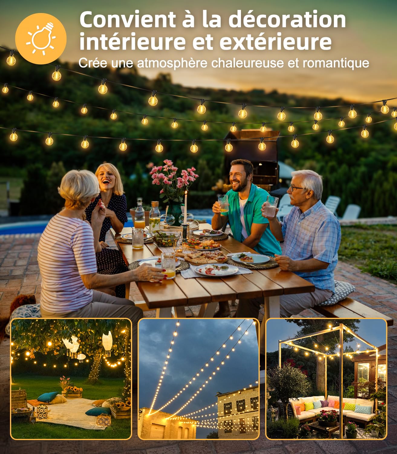 Guirlande Lumineuse Extérieure 30M - 40+2 Ampoules G40 LED, Télécommande IP44 Imperméable, Guirlande Connectable pour Jardin/Terrasse/Balcon