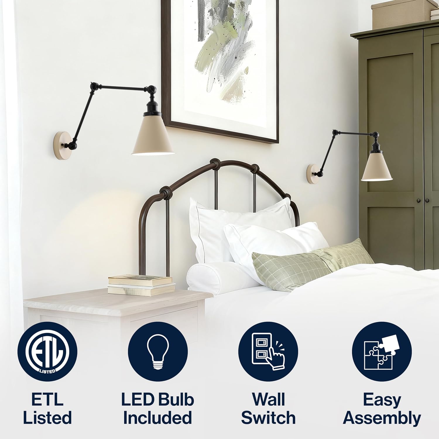 JONATHAN Y 7" Almond/Black Classic Industrial Metal Adjustable Arm LED Wall Sconce for Bedside Reading, Farmhouse Swing Arm Wall Lamp with Metal Shade, Hardwired (JYL7462F-SET2)