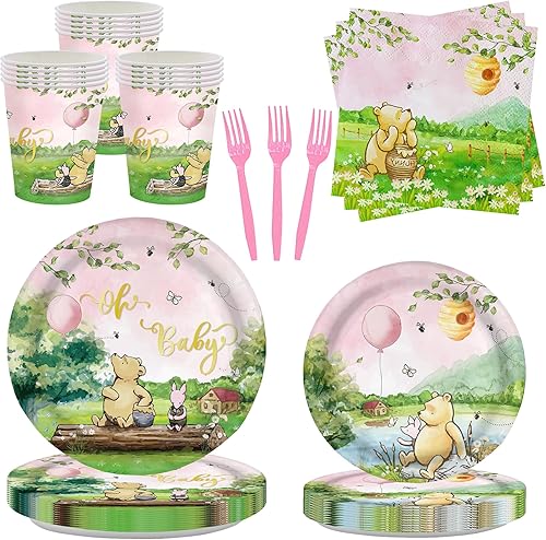 120 piezas de decoración de baby shower, platos Pooh para niñas, suministros para fiesta de cumpleaños, tazas de oso vintage, juego de vajilla de