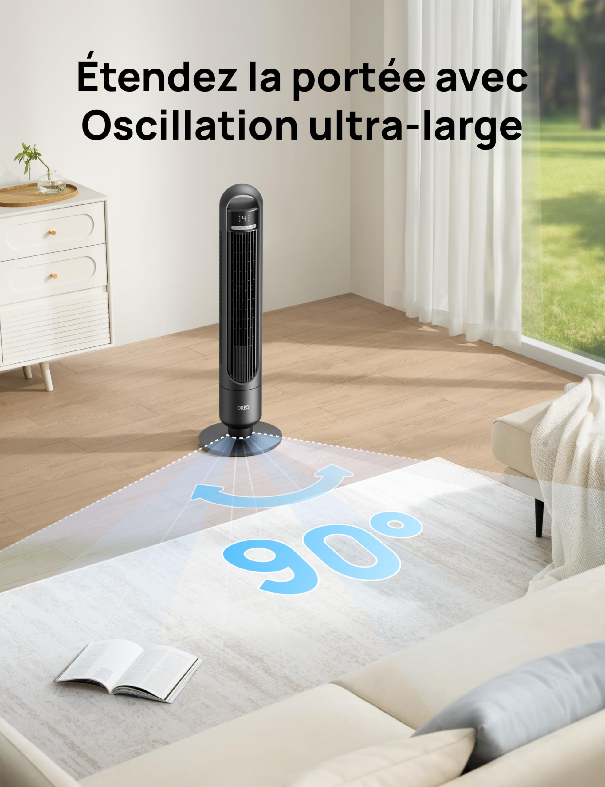 DREO Ventilateur Colonne Silencieux 28 dB pour Chambre, Couverture Max 9 m, Ventilateur Debout sans Lame, 7,6 m/s, Oscillation 90°, 4 Vitesses, 3 Modes, Minuteur 8H, Affichage LED, Noir.