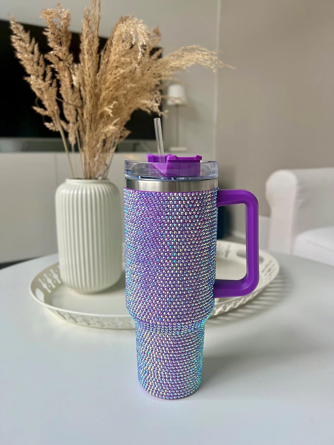 40 Oz Rhinestone Studded Tumbler with Handle Straw and Lid, Insulated Stainless Steel Double Layer Water Bottle for Women, Reusable Travel Coffee Mug (1200ml) Lilac - Image 8