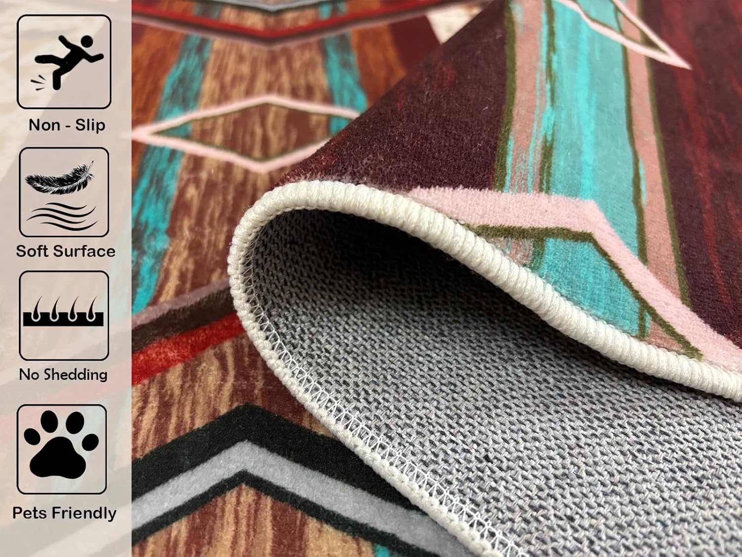 Combo Southwest Faux Cowhide Area Rug and 4 Pcs Non-Slip Rug Tape for Living Room, Bedroom, Southwestern Area Rugs, Native American Rug, Geometric Western Rugs, Aztec Tribal Rugs Home Decor 3x5 ft