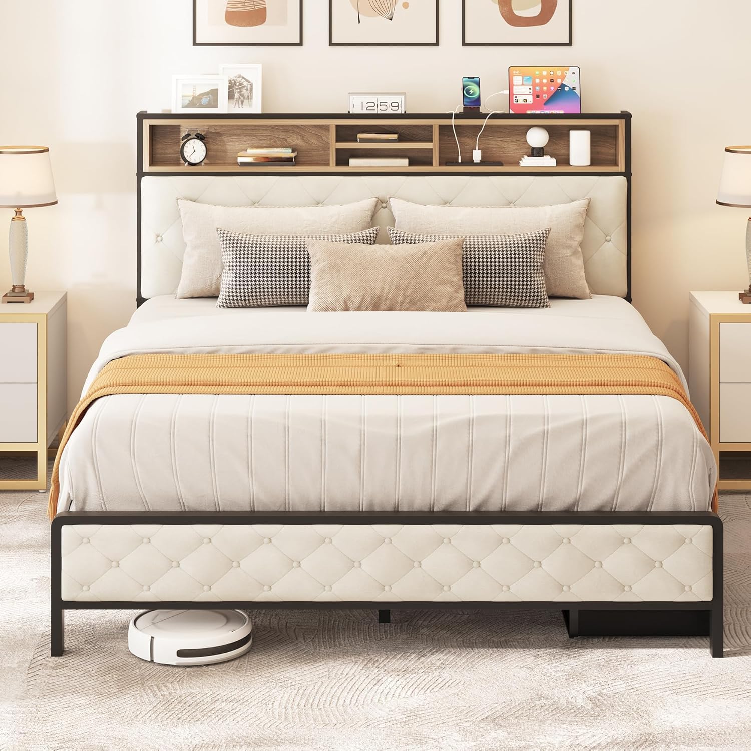 King Size Bed Frame with Upholstered Storage Headboard Platform Bed King with Charging Station Metal Slats Supports Mattress