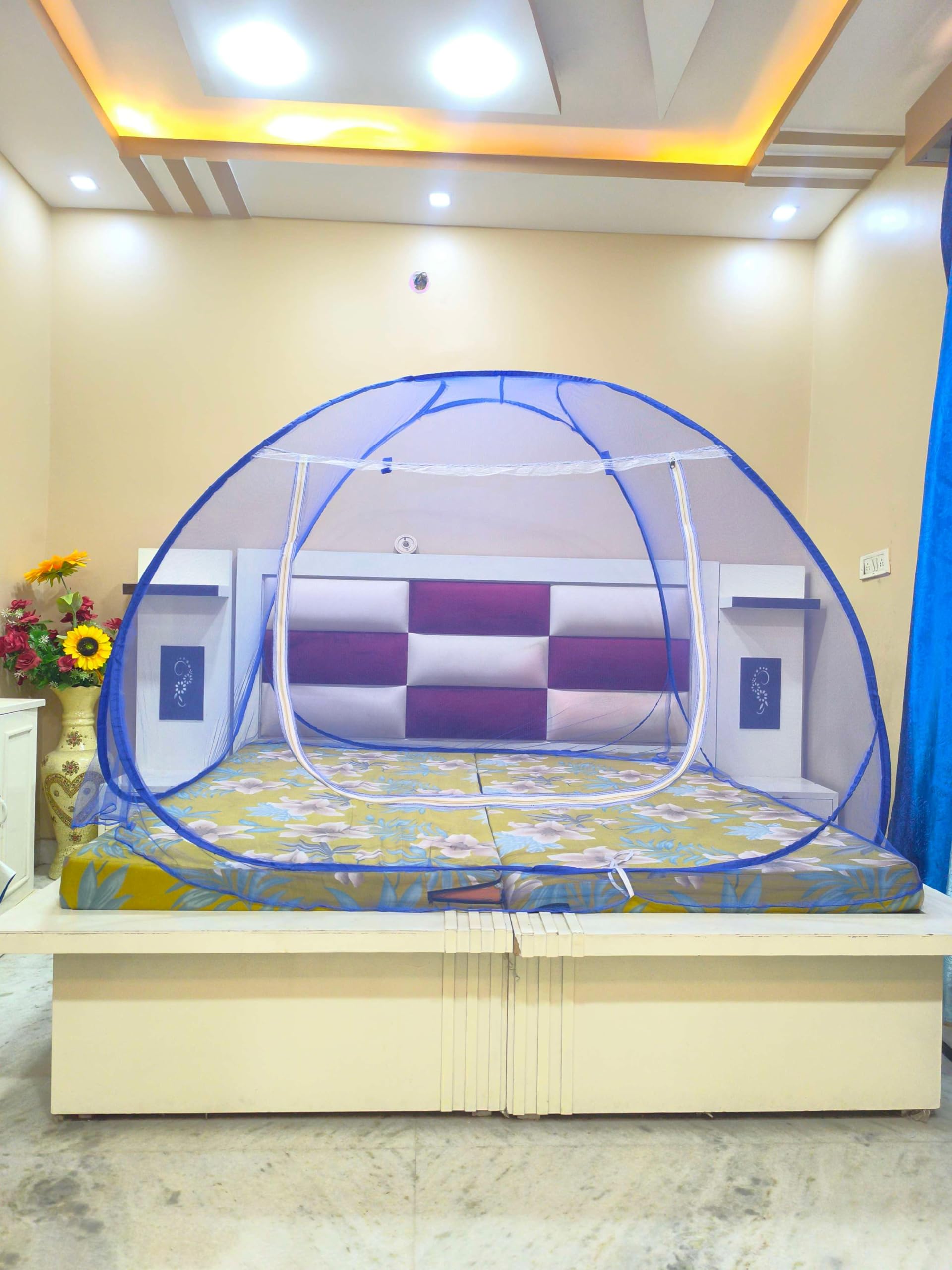 mosquito net premium for king size bed | 30 gsm polyester fine mesh | foldable pop up machardani for double bed | 360° mosquito & insect protection | washable & reusable - dark blue