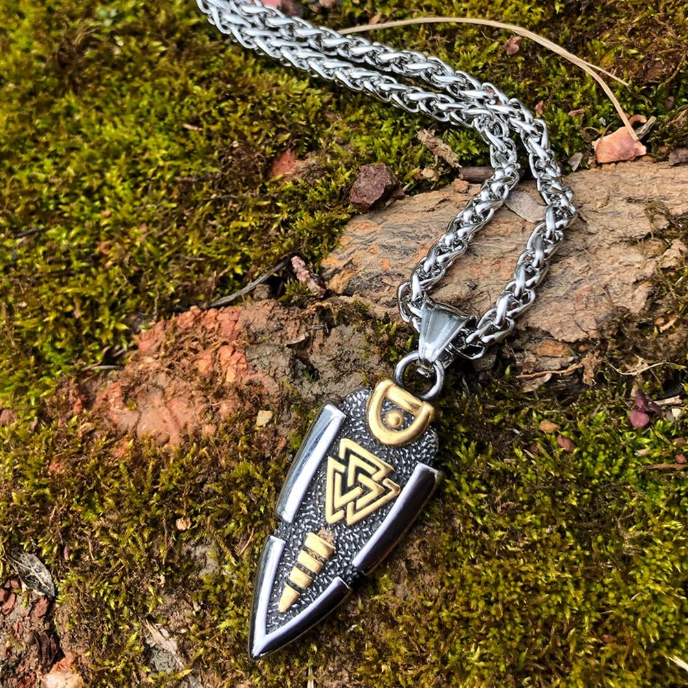 Mitologia nordycka Odyna włócznia naszyjnik - męski wisiorek grot strzały ze stali nierdzewnej - vintage średniowieczny symbol Valknut amulet islandzka biżuteria