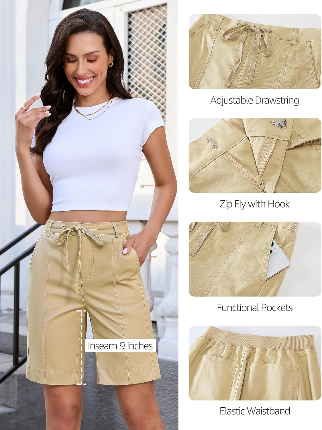 luvamia Bermuda Shorts for Women Trendy High Waist Knee Length Chino Long Shorts Drawstring Summer Casual Short 9" - Image 4