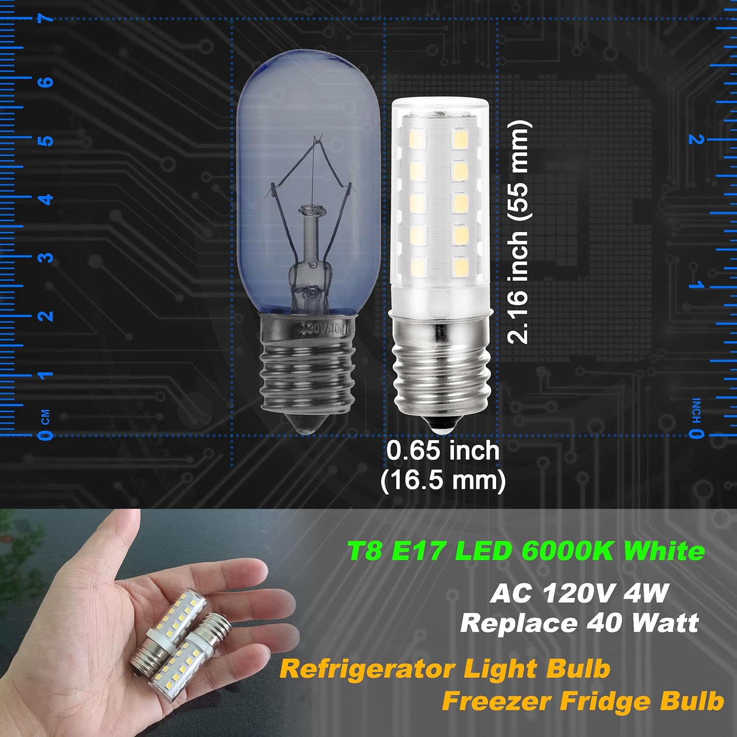 4W 297048600 Refrigerator Light Bulb Replace 40 Watt Freezer Fridge Bulb T8 E17 Lamp Light for Kenmore Whirlpool KitchenAid Electrolux 241552802 1056577 AP3770086 AH976993 EA976993 EA1149215, 2 Pack