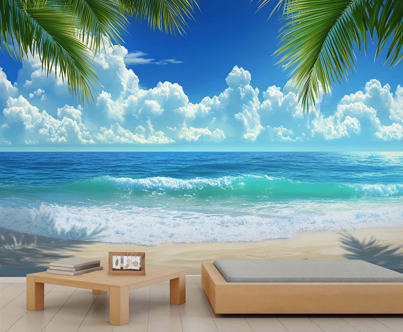 Tropical Beach Wallpaper, Palm Leaves Mural, Blue Ocean Large Wallpaper for Living Room, Beach Wall Mural - 390x260cm (Not Peel n' Stick)