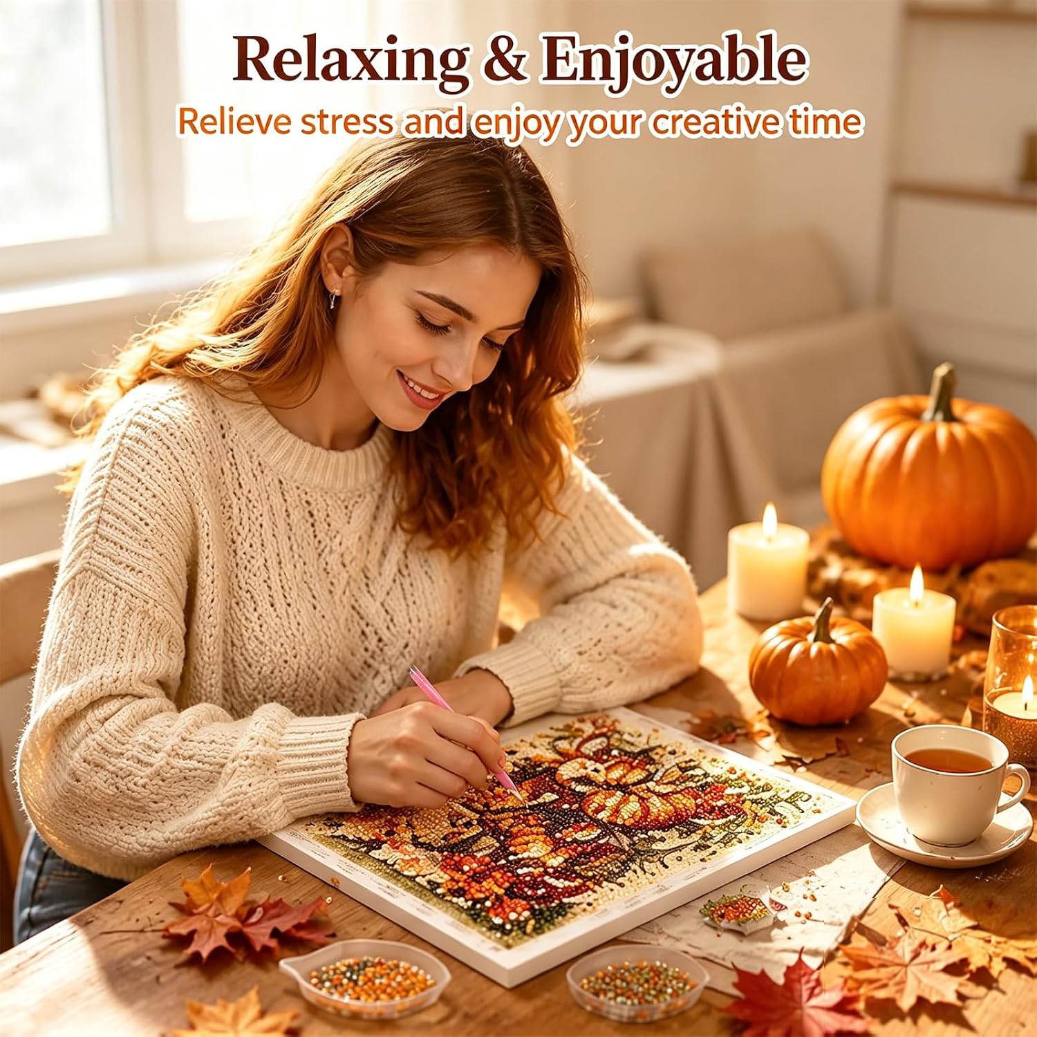 Autumn Pearl Painting Kit,Cute 5D Pumpkin Pearl Painting Crafts for Adults DIY,Fall Pearl Diamond Art Kit for Ideal Halloween Home Wall Decor, Perfect Spooky Crafts Gift for Adult