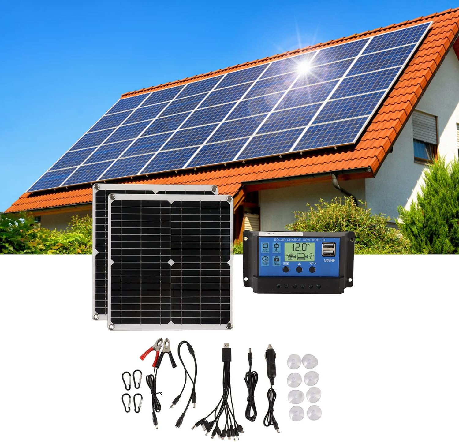 Solar Panel Kit, Portable Solar Panel Solar Battery Charger with 2 USB Output 50W Solar Panel 60A Solar Controller Set for RV Camping Blackout