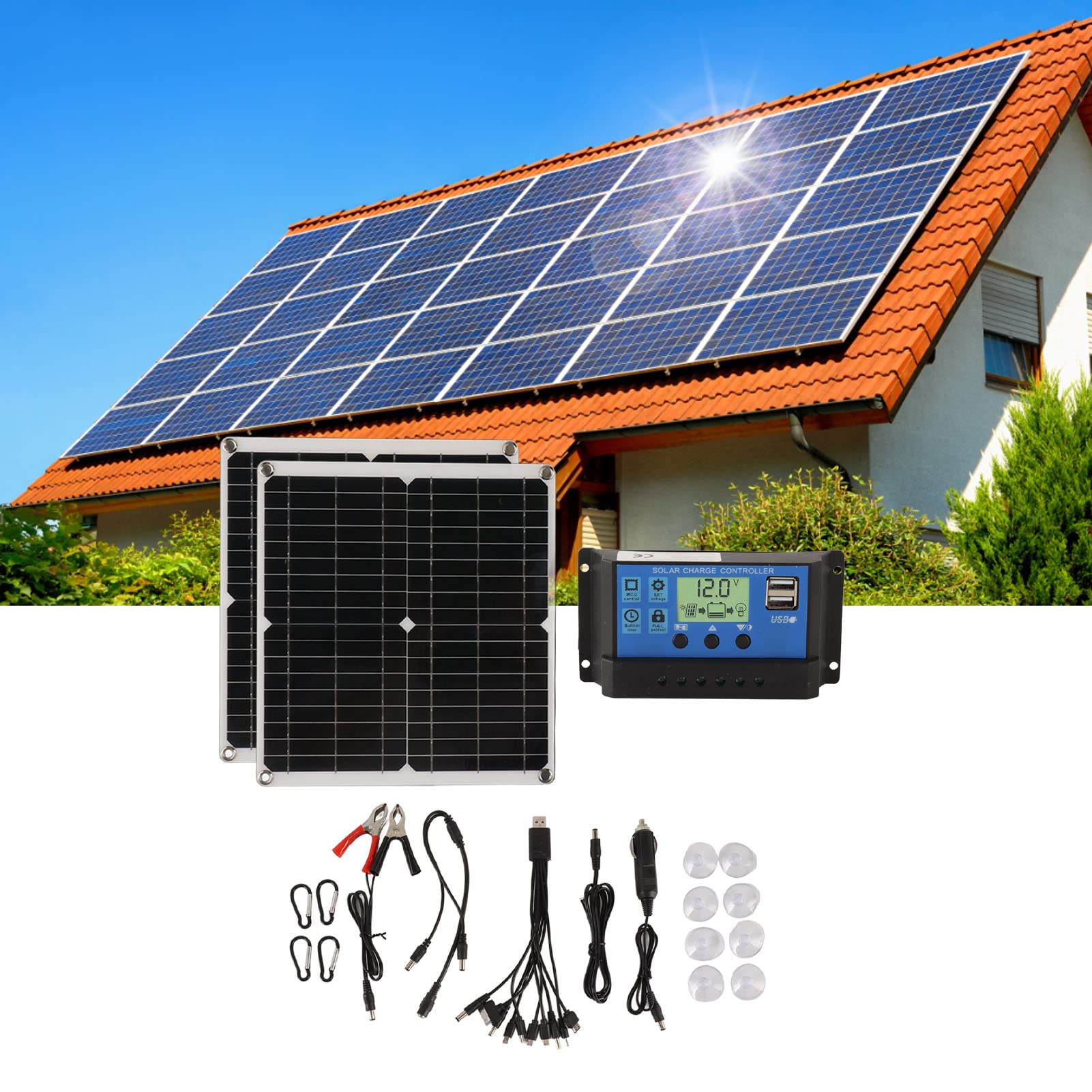 Kit pannello solare da 50 W, pannello solare portatile in silicio monocristallino impermeabile IP65 12 V 24 V con regolatore di carica da 60 A Doppia uscita USB per campeggio