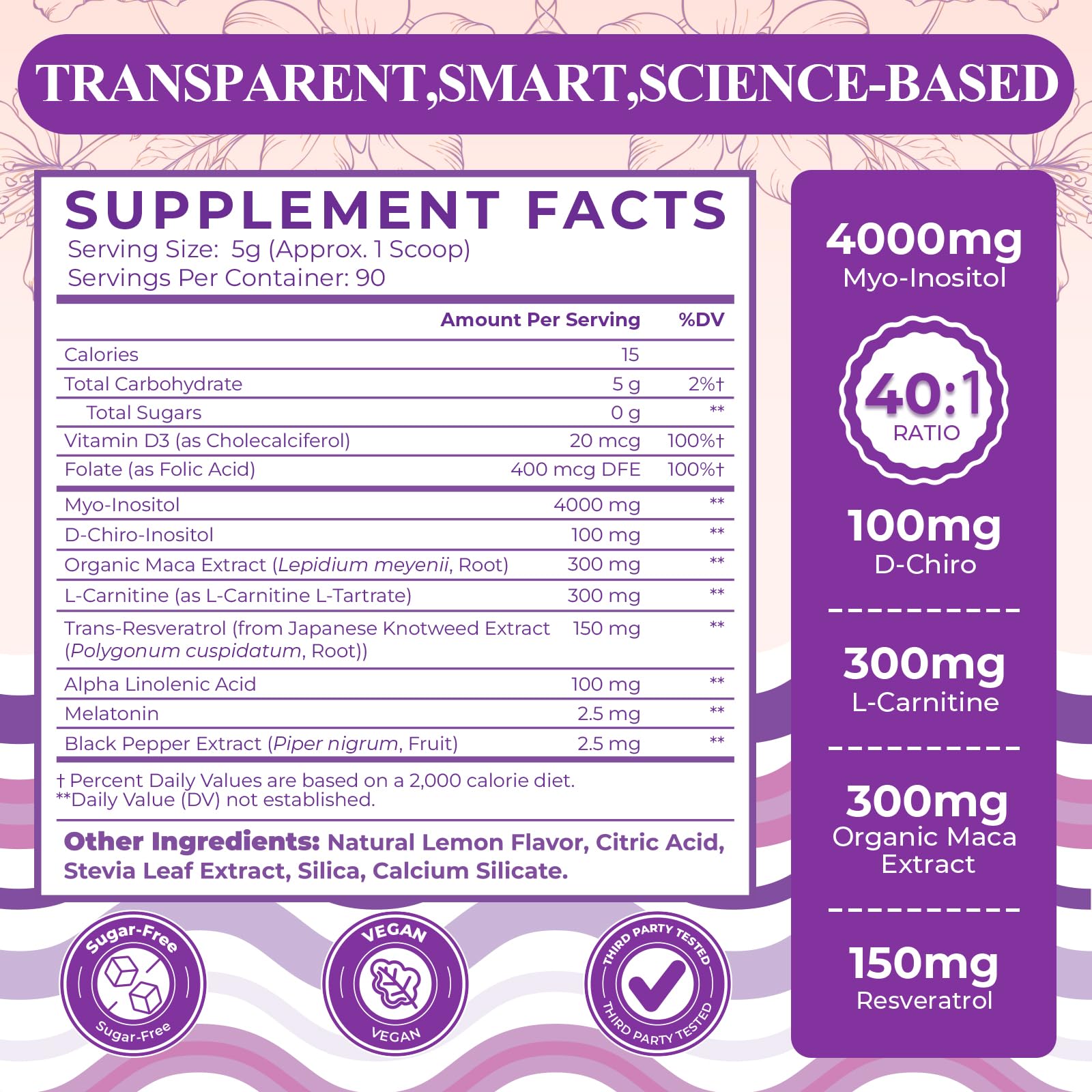 90-Day Myo-Inositol & D-Chiro Inositol Supplement for Women, Fertility Supplements Hormonal Balance for Women Ovarian Health Support, High 4000mg:100mg Inositol Powder with Folic Acid & Vitamin, Vegan — Amazon image 2