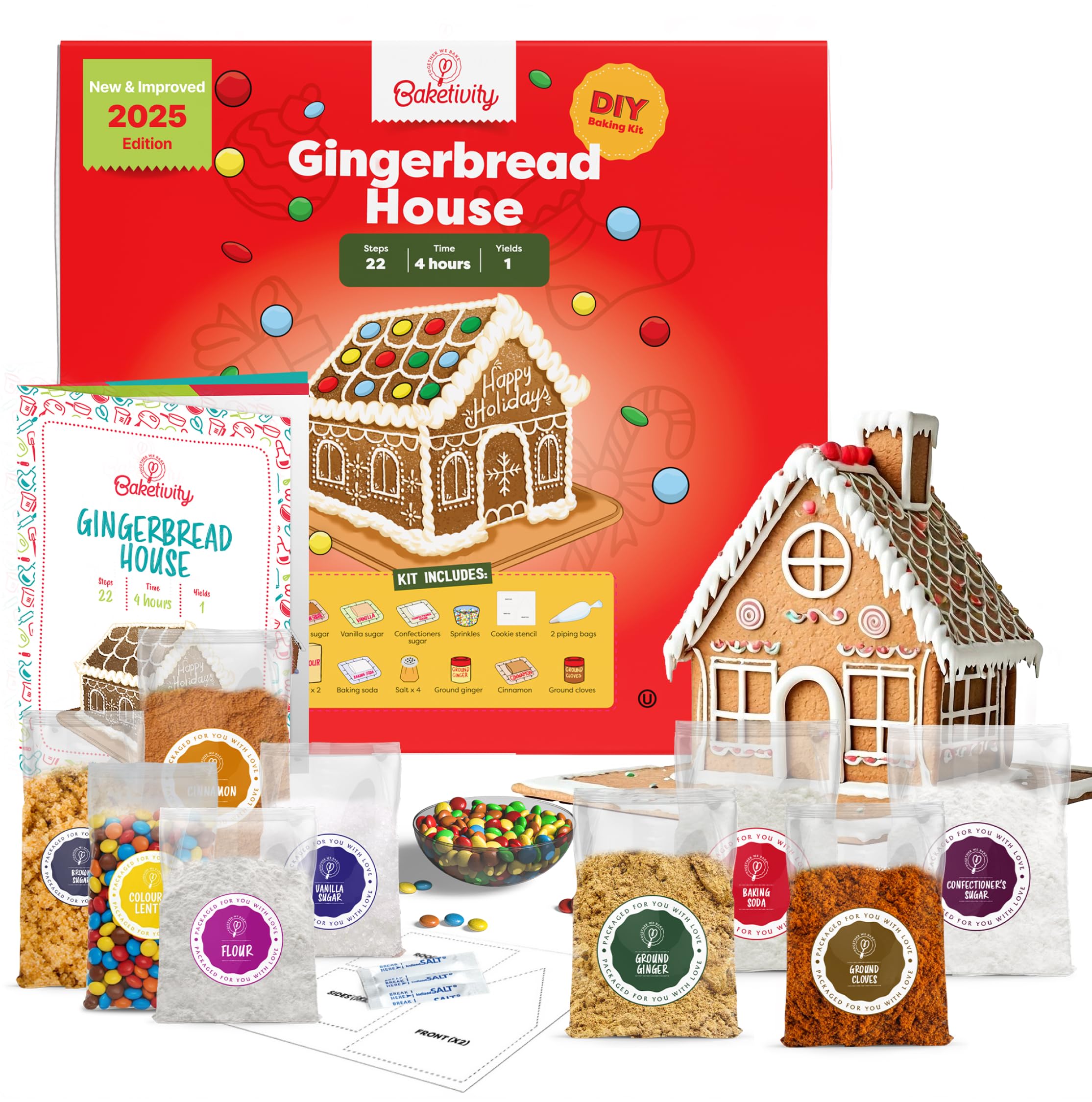 Baketivity Baking Kit Holiday Gingerbread House Kit - Bake And Build Edible - Create a Treat Gingerbread House Kit - Baking Set With Materials And Premeasured Ingredients