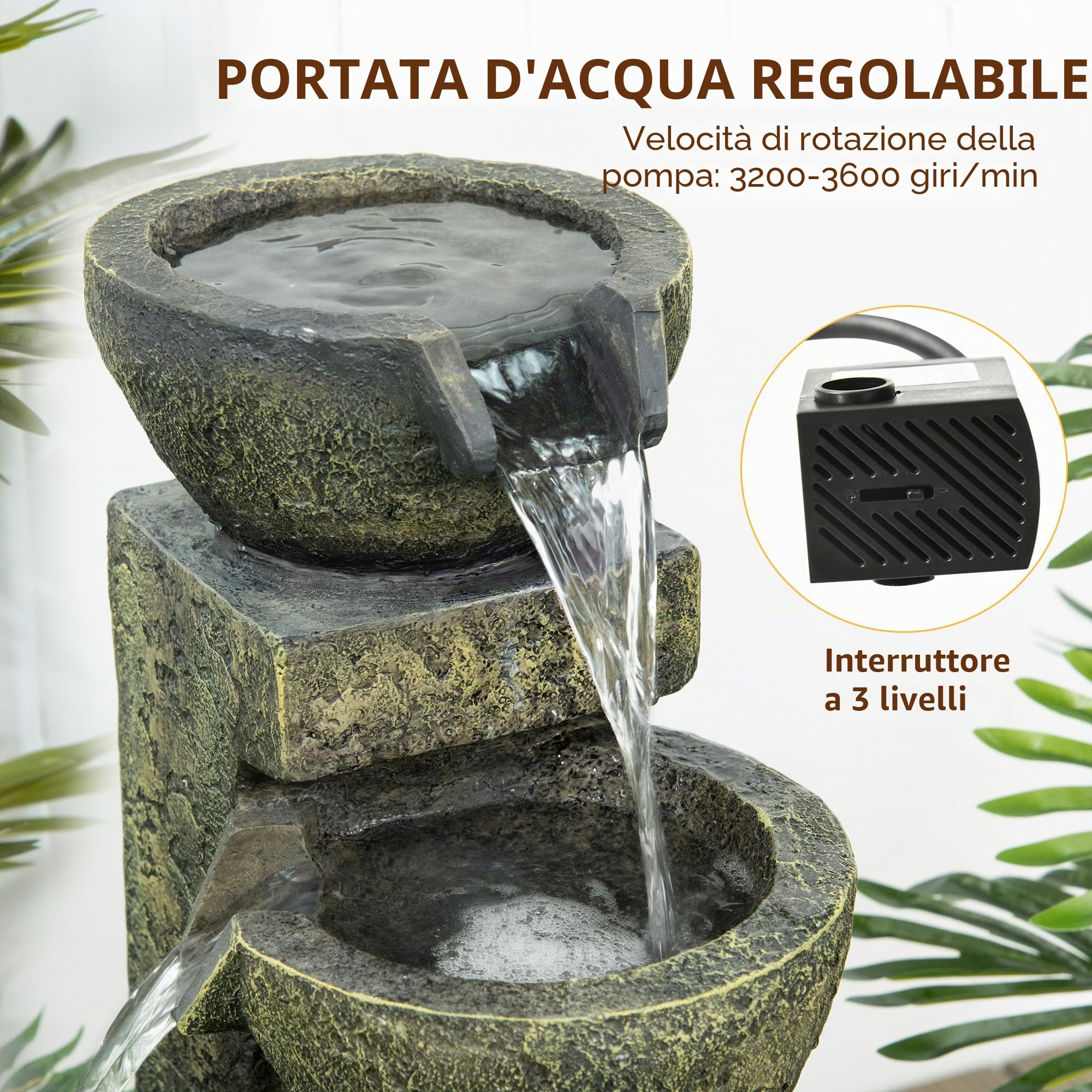 Outsunny Fontana con flusso regolabile 25x24x60cm Nero | Fontana da giardino in resina per esterno, vasca decorativa, fontana ornamentale 4 livelli, per prato giardino terrazza