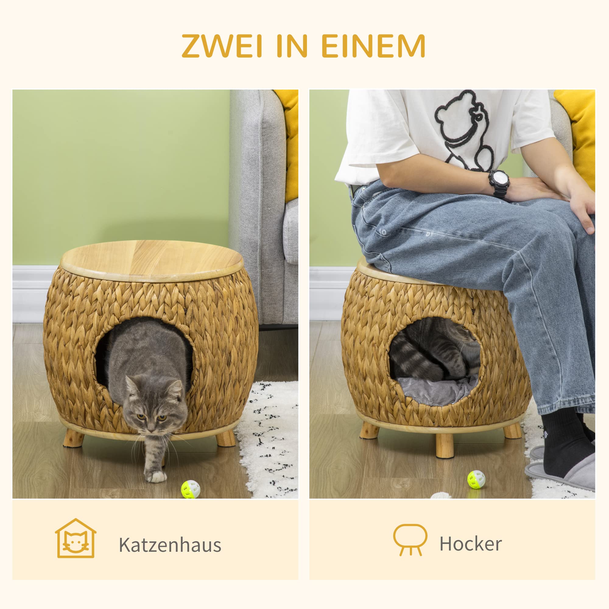PawHut Rattan Katzenhöhle mit Kissen Katzenbett 44x43x42 cm Hellbraun+Grau | Katzenhaus, Katzenzelt, Haustierhaus