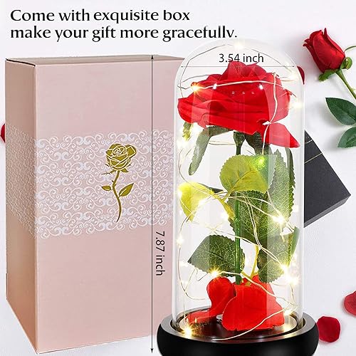 Miniatura 8 de Regalo de San Valentín para ella, rosa de la Bella y la Bestia para mujer, cristal rojo de seda con base de luces LED, regalo único para novia,