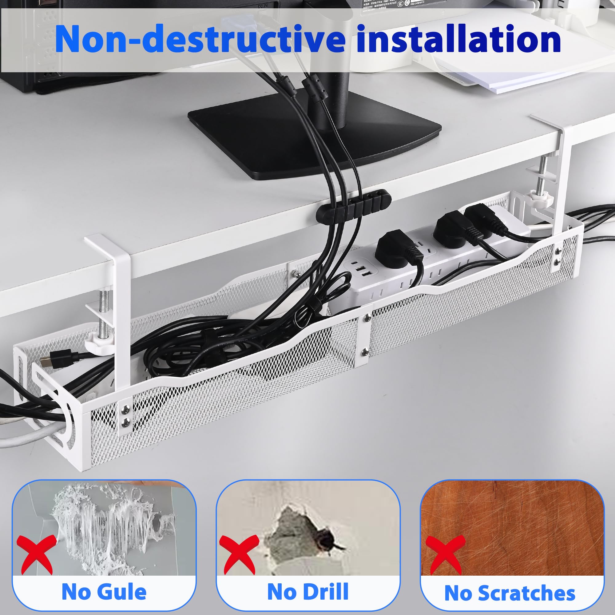 Boîte de gestion de câbles sous le bureau de 64,3 cm – Plateau de rangement de câbles monté sur pince, grande boîte de gestion des câbles pour le bureau et la maison, organiseur de fils sous le bureau