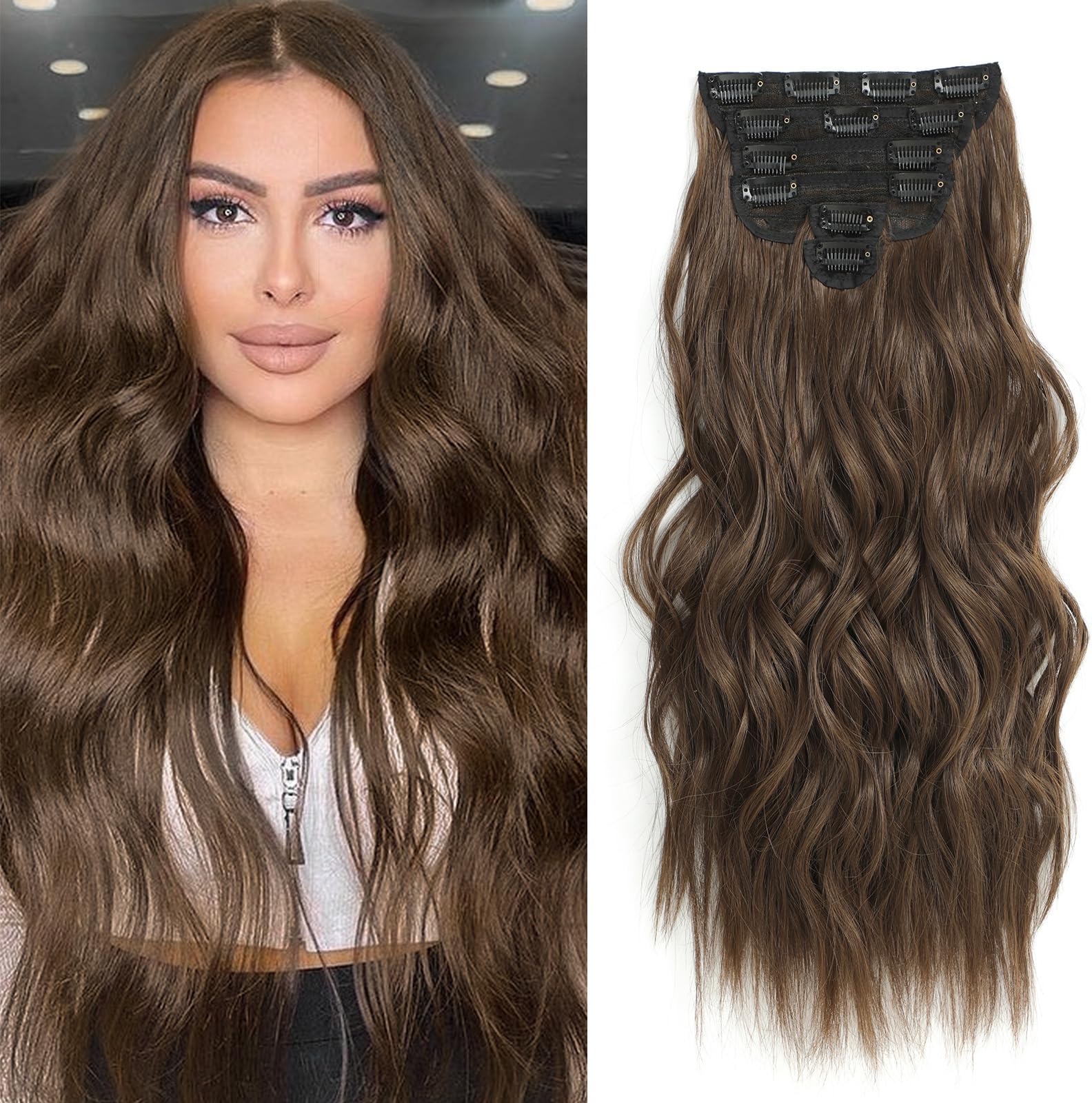 Fliace Clip in Hair Extensions for Women Medium Brown Long Wavy Hair Extensions Clip Ins 6PCS 20 Inch Synthetic Soft and Natural Thick Hair Pieces for Women