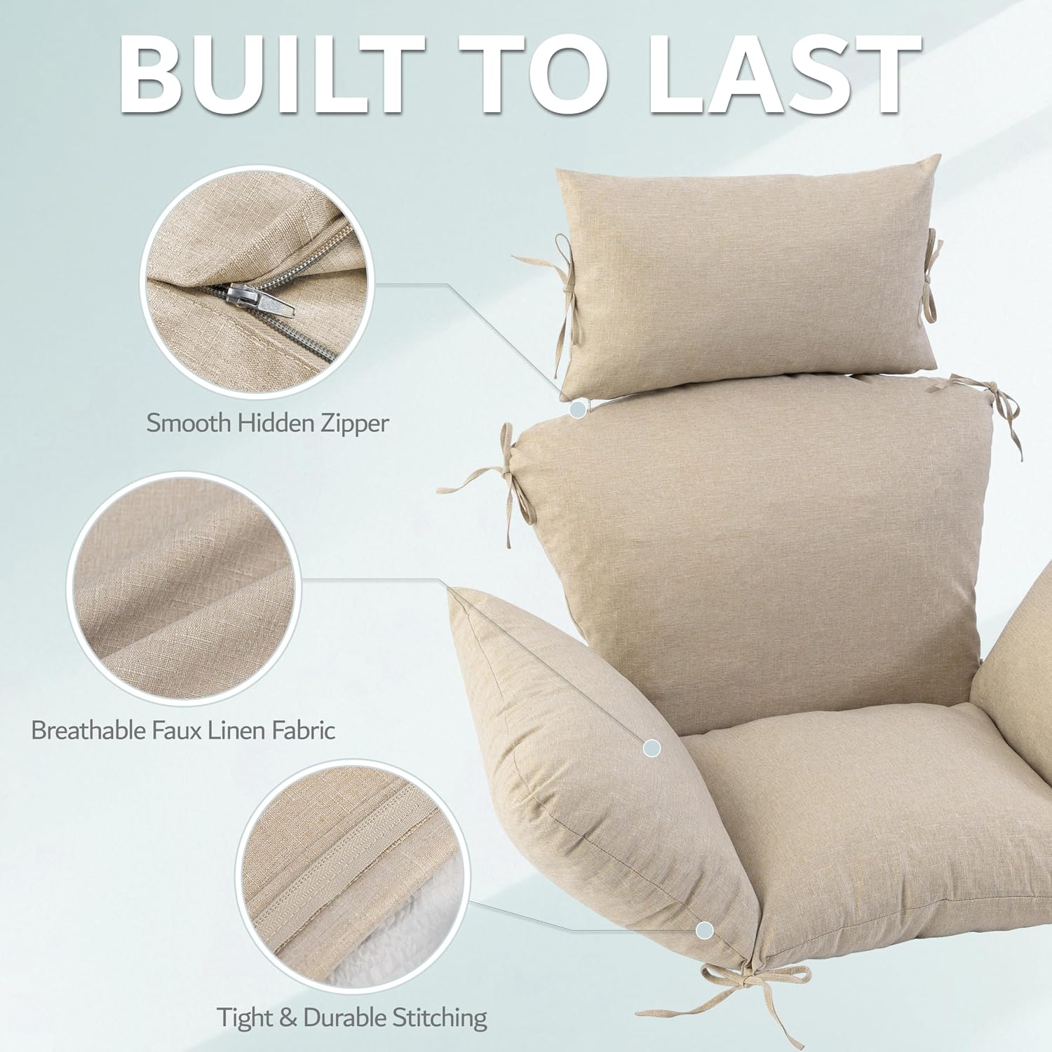 Egg Chair Cushion with 8 Securing Straps, Water-Repellent & Fade-Resistant Faux Linen, Removable Cover, Replacement Cushion for Most Single Outdoor Hanging Swing Egg Chairs – Beige