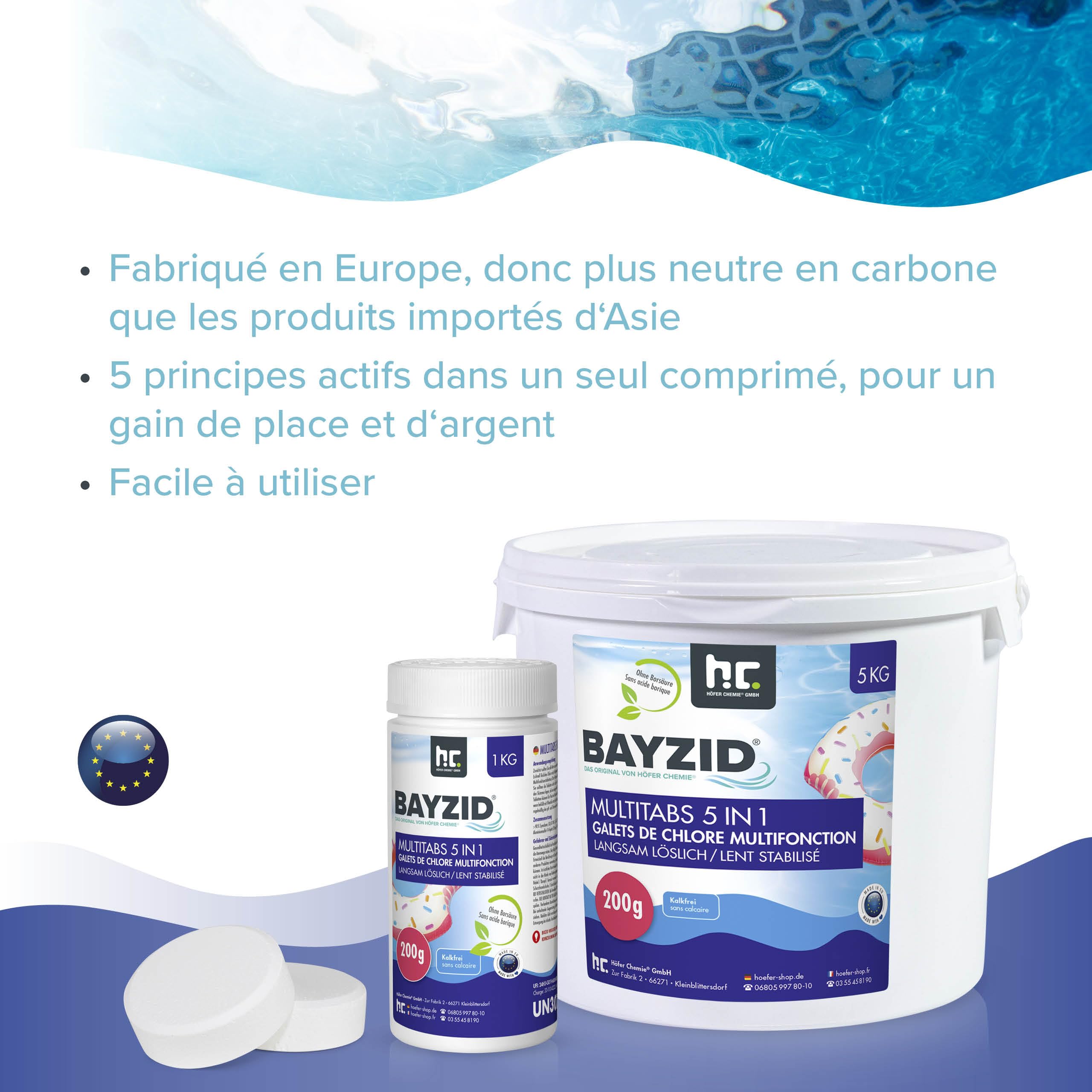 Höfer Chemie 5 kg Galets de Chlore (200g) Multifonction 5 en 1 pour Piscine - Entretien et Nettoyage en 5 Phases - Fabriqué en Europe - pour Une Eau Limpide