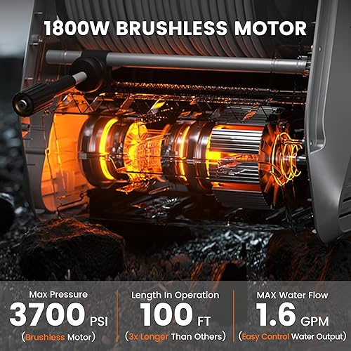 Miniatura 2 de Giraffe Tools Grandfalls Lavadora a Presión Retráctil Pro, Lavadora a Presión Montada en Pared con Motor sin Escobillas de 1800W, Lavadora a Presión