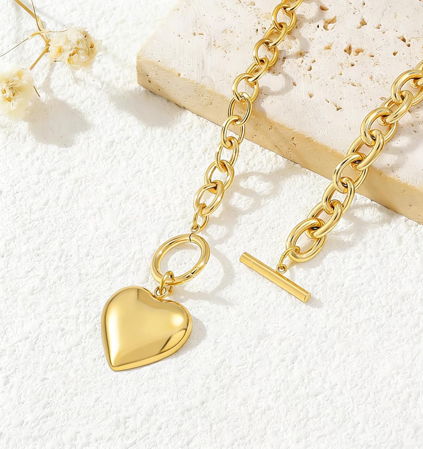 Chunky Gold Heart Necklace for Women, 14k Gold Plated Paperclip Link Chain Choker, Puffy Heart Necklace, Elegant Dainty Pendant Necklace Jewelry For Gifts On Birthday Holidays For Women