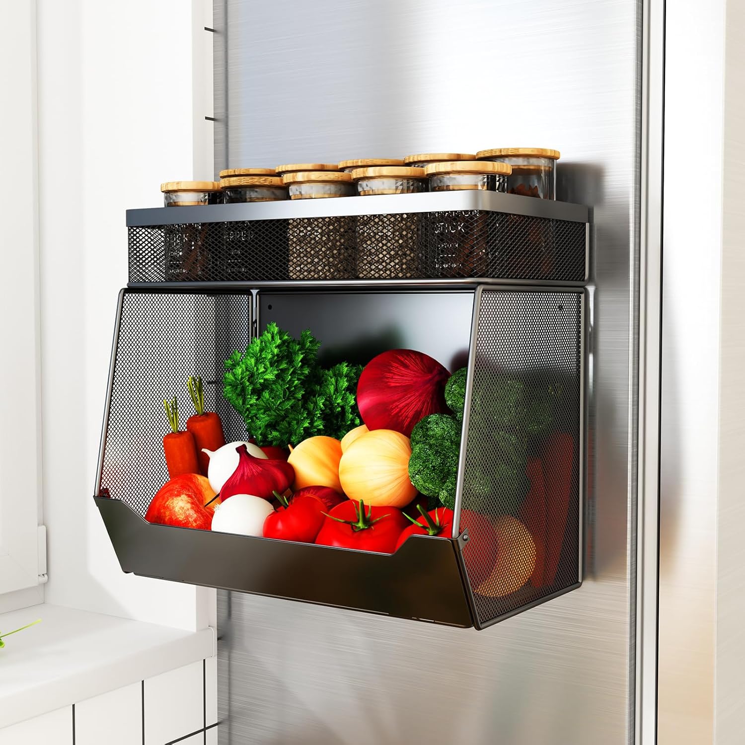 Magnetic Shelf for Fridge 2-Tier Baskets - Fruit Potato Onion and Vegetable Storage Bins, Magnetic Spice Rack For Refrigerator, Heavy Duty Fridge Organizer For Refrigerator, Kitchen Counter, Cabinet