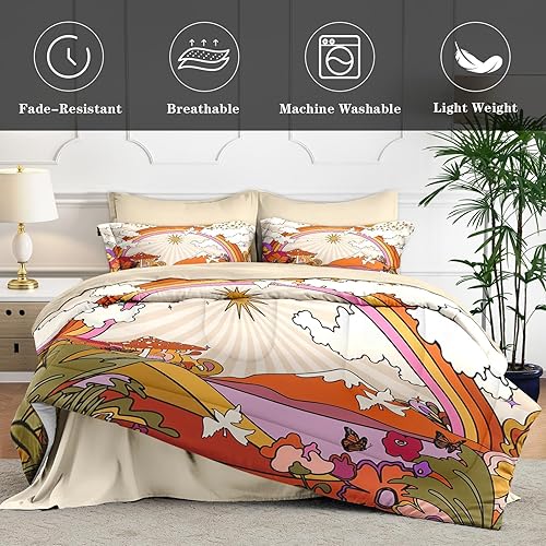 Miniatura 36 de Juego de edredón con 2 fundas de almohada, tamaño matrimonial, diseño de hongo hippy y arco iris, decoración de cama retro de los años 70, hippie,