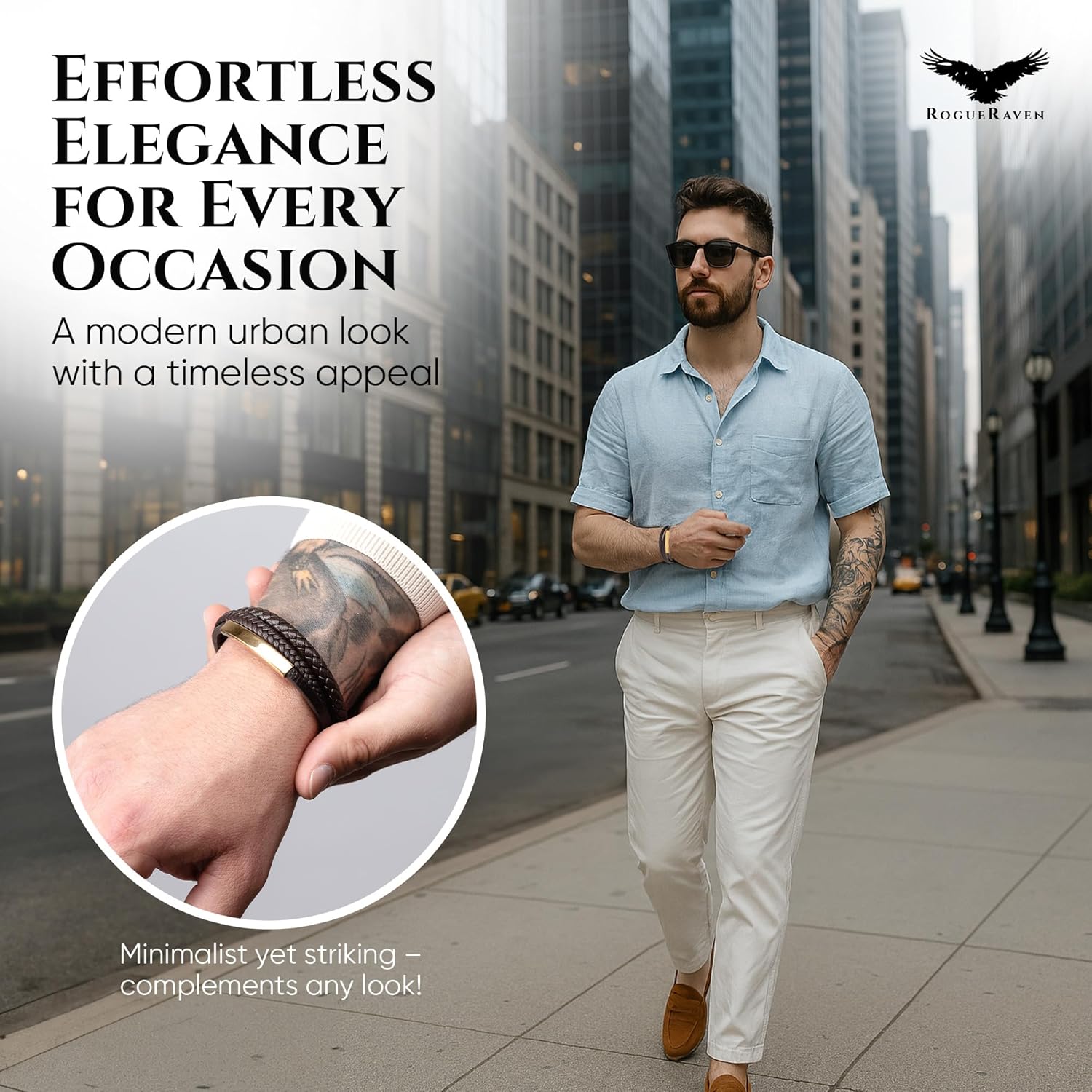 RogueRaven Black Leather Bracelet for Men – Premium Collection – Brown Black Gold Silver | Genuine Leather Mens Bracelet with Stainless Steel Clasp [Adjustable] | In Luxury Gift Box - Image 2