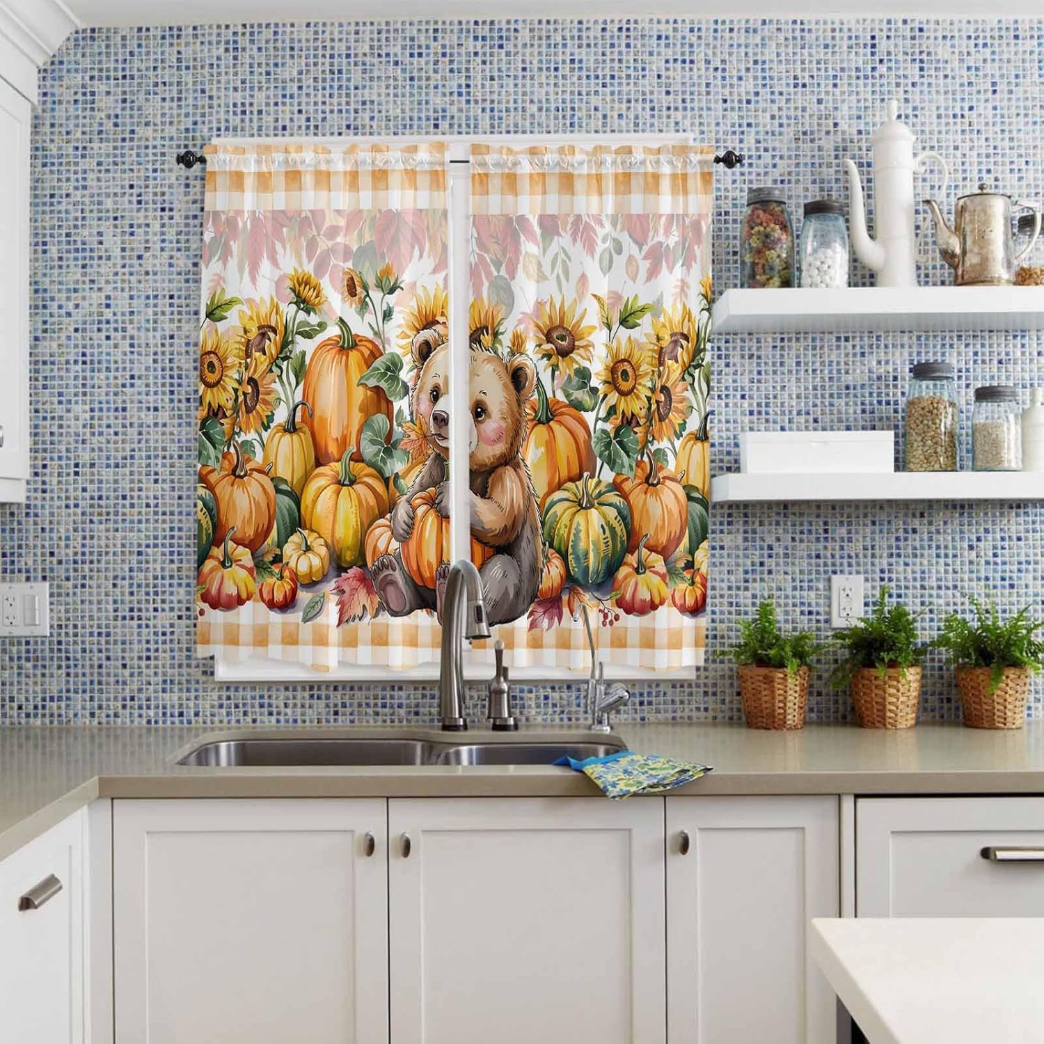Orange Yellow Pumpkin Fall Kitchen Curtains, Thanksgiving Botanical Plaid Animals Light Filtering Window Curtain, 2Pcs Rod Pocket Window Treatments Set for Living Room Bathroom Bedroom 42x63 Inches