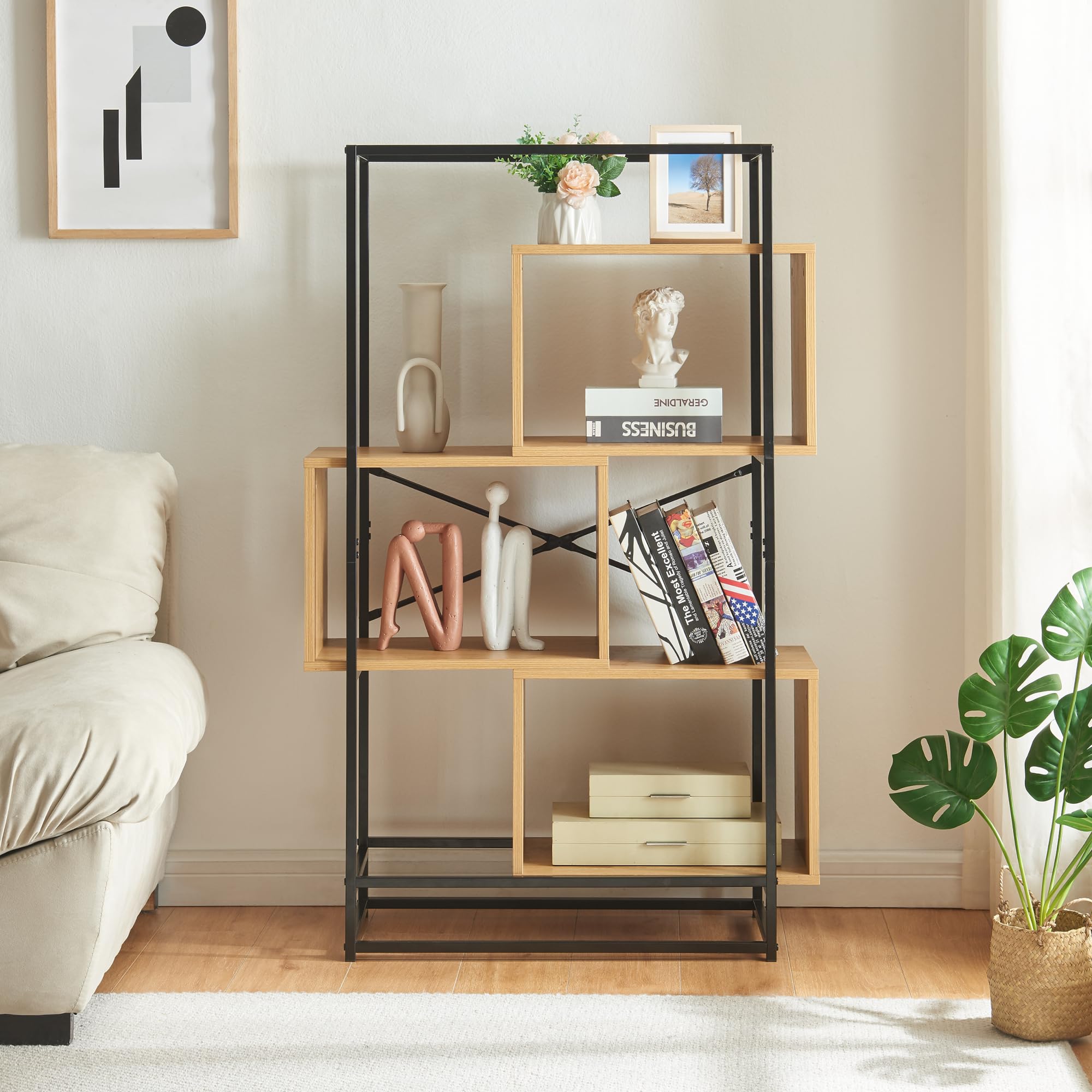 [en.casa] Scaffale da Terra con 3 Scomparti Aperti Libreria Mobile Espositore per Casa Ufficio Negozio 126 x 80 x 33 cm - Effetto Rovere/Nero