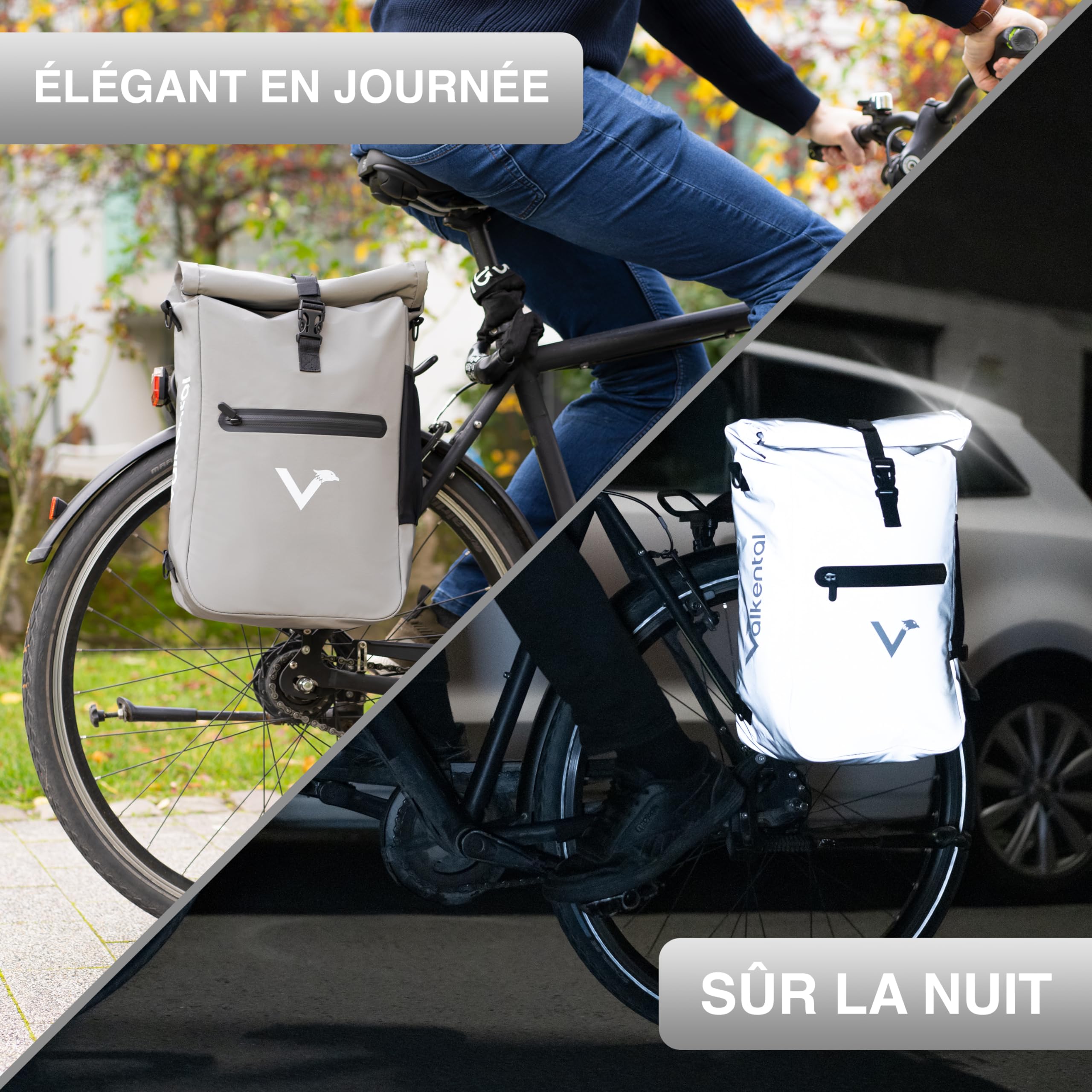 Valkental Sacoche de vélo 3 en 1 [jusqu'à 25 l] – L'original – Convient comme sac de porte-bagages, sac à dos et sac à bandoulière – 100 % étanche et réfléchissant – Fixation sûre [verrouillable