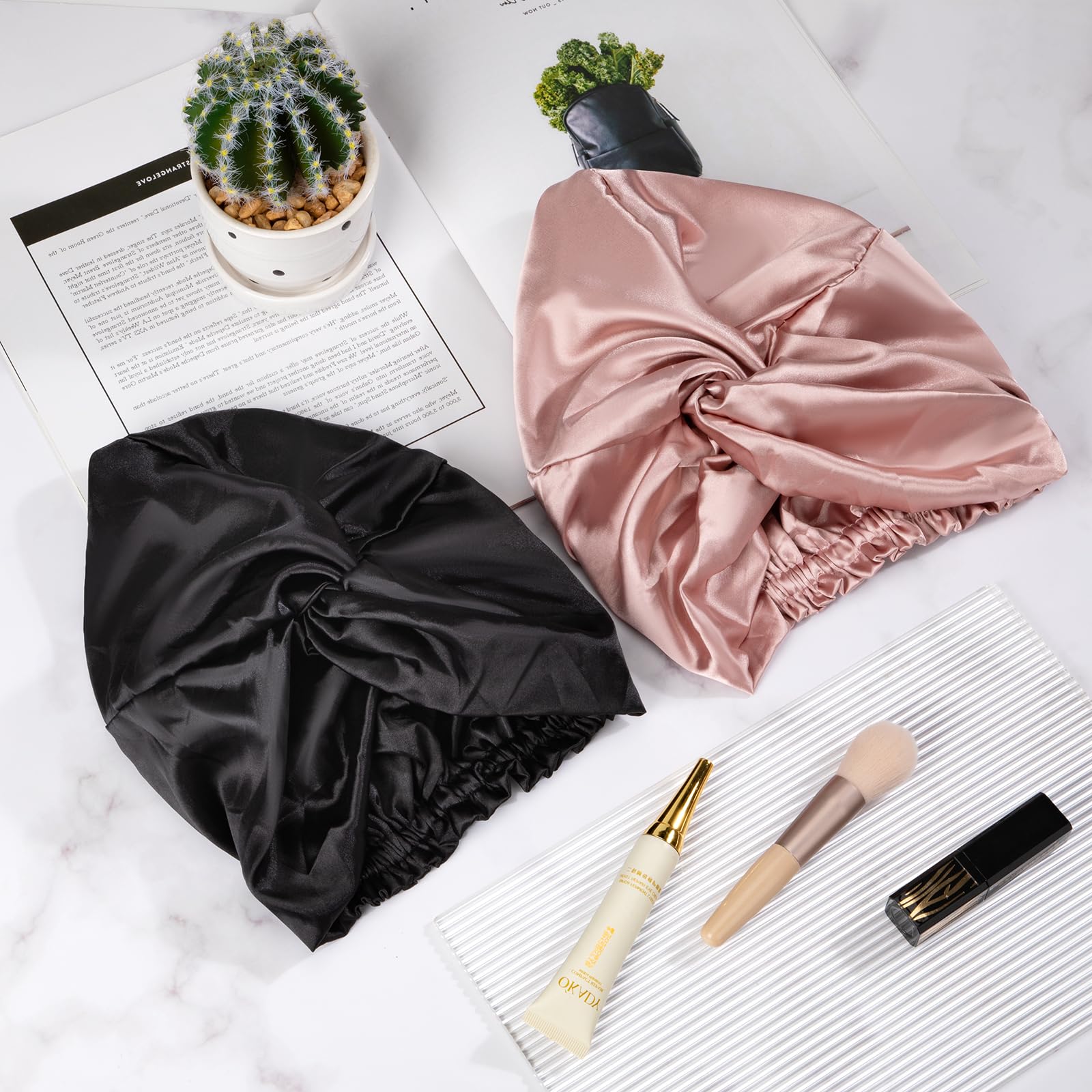 Cappello da Notte in Raso Cuffia da Donne con Fascia Elastica Berretto di Satinato 2 Pezzi Nero Champagne per Dormire