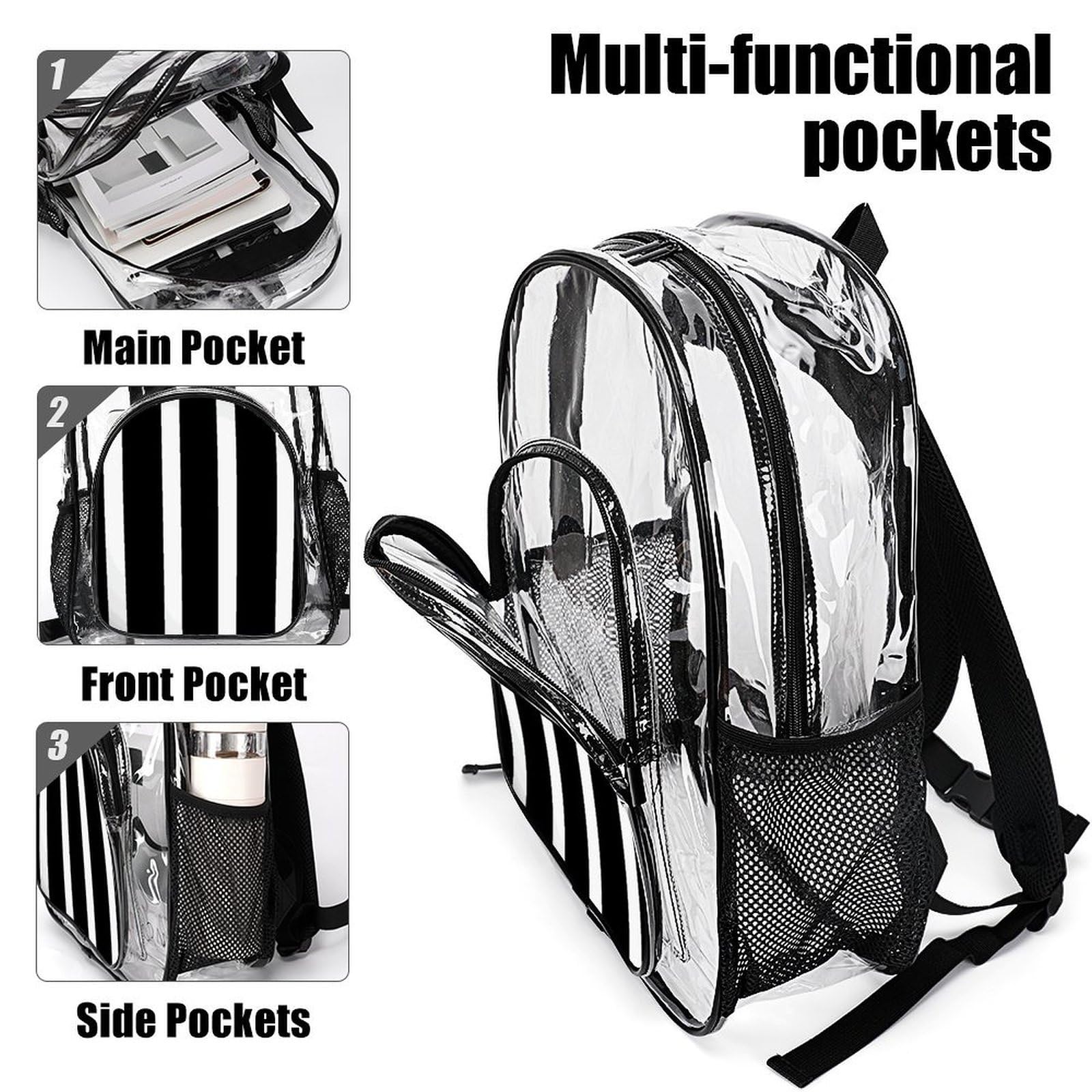 Rucksack, gestreift, transparent, PVC, für Sicherheit, Arbeit, Reisen, Stadion, Schwarz / Weiß