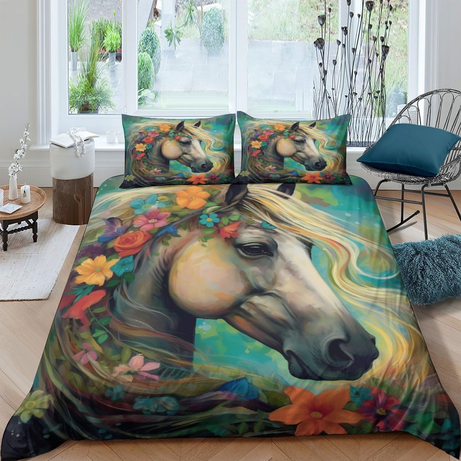 Housse de couette fleurs et chevaux 3D King 220x240 parure de lit 3 pièces microfibre