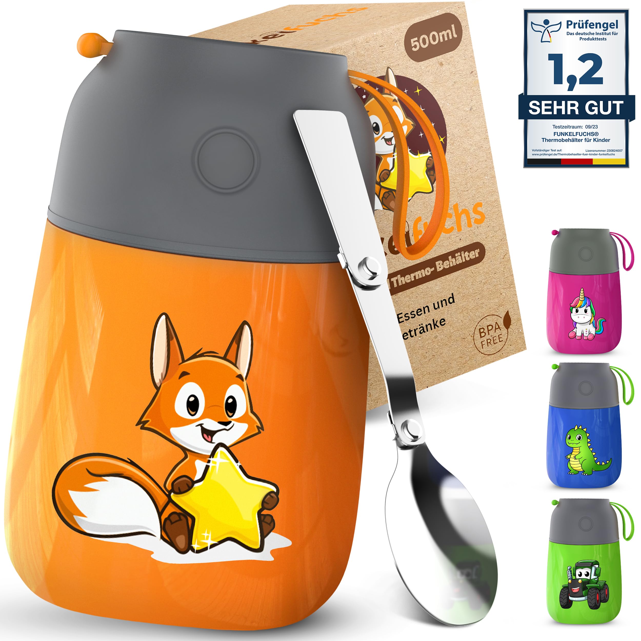 Funkelfuchs Thermobeker voor eten en kinderen, 500 ml, blauw dino, 100% lekvrij, warmhoudcontainer van roestvrij staal