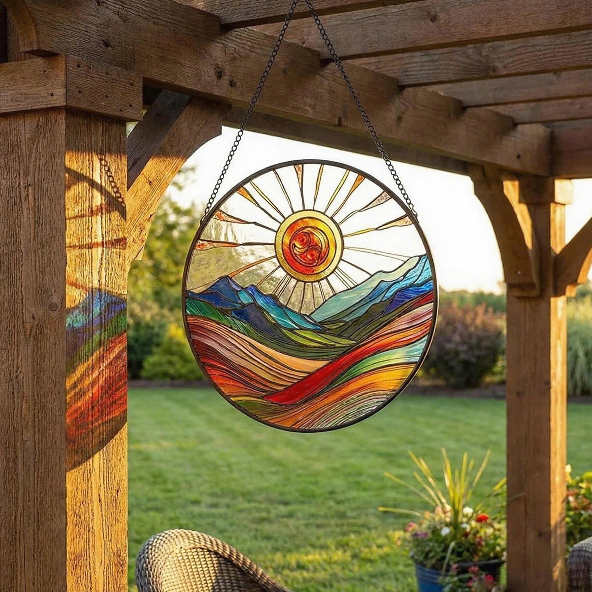 Photo 1 of ZUSANG Sun Mountains Stained Glass Window Hanging, 9.8" Panel