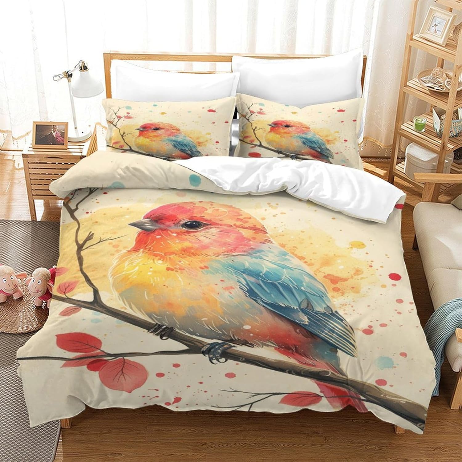 Colourful Birds Bed Linen Set, Soft Microfibre Duvet Cover, Pillowcase