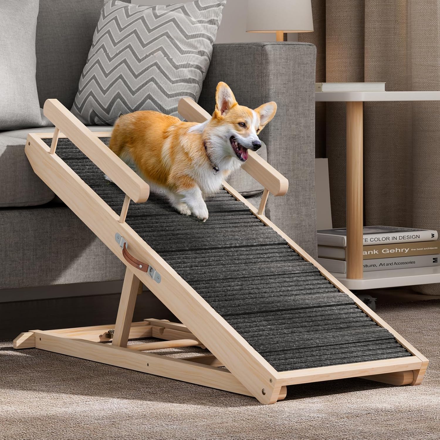 Dog Ramp for Bed, Couch, Car, Folding Pet Ramps 44.48 Long Adjustable 15-22 Wooden Stairs with High Traction Mat  Safety Side Rails for Small  Medium Old Dogs  Cats, up to 200 lbs
