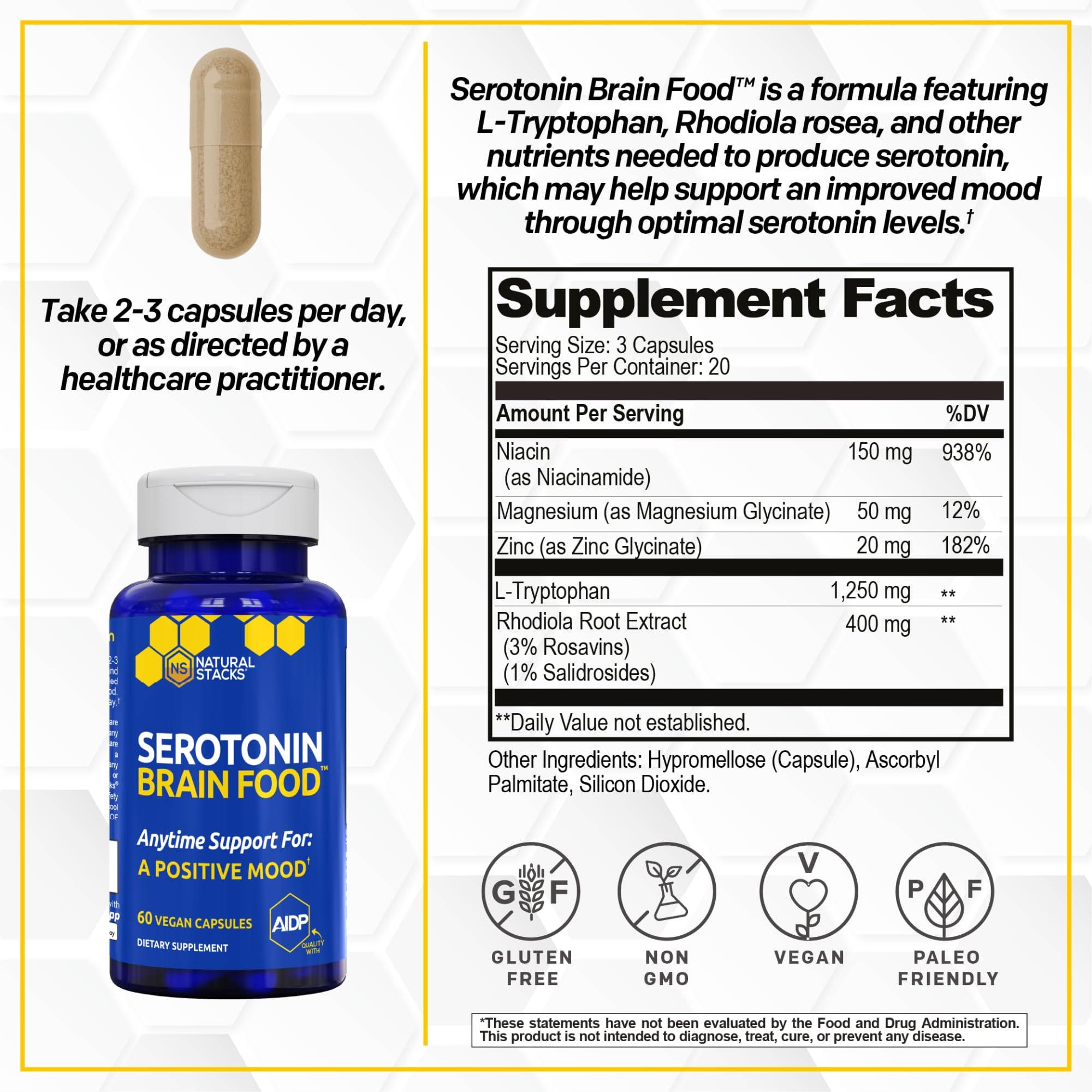 Serotonin Brain Food, Mood Support w/ Tryptophan & Rhodiola Rosea 120 Count — Amazon image 3