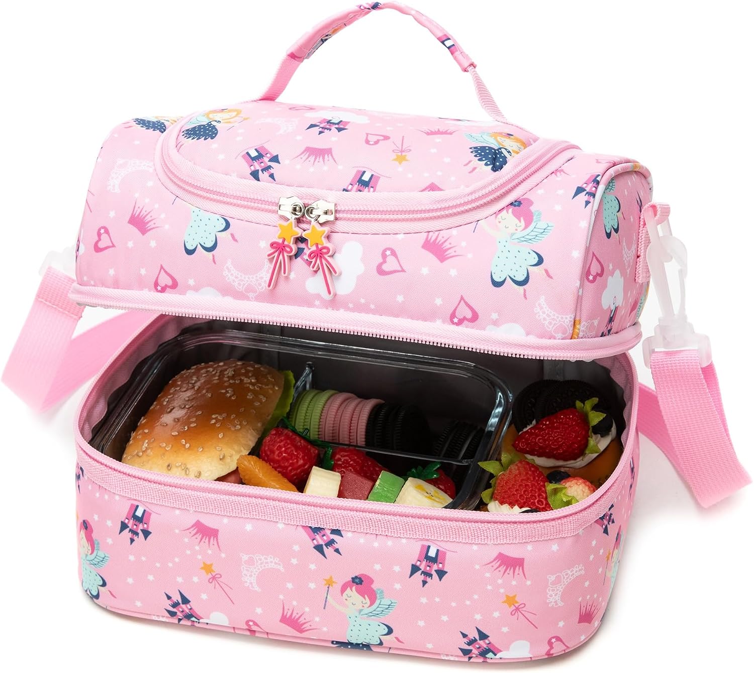 Insulated Kids Dual Compartment Lunch Bags for Girls Toddler School Daycare Cooler Lunch Boxes Bento with Strap Pink Fairy