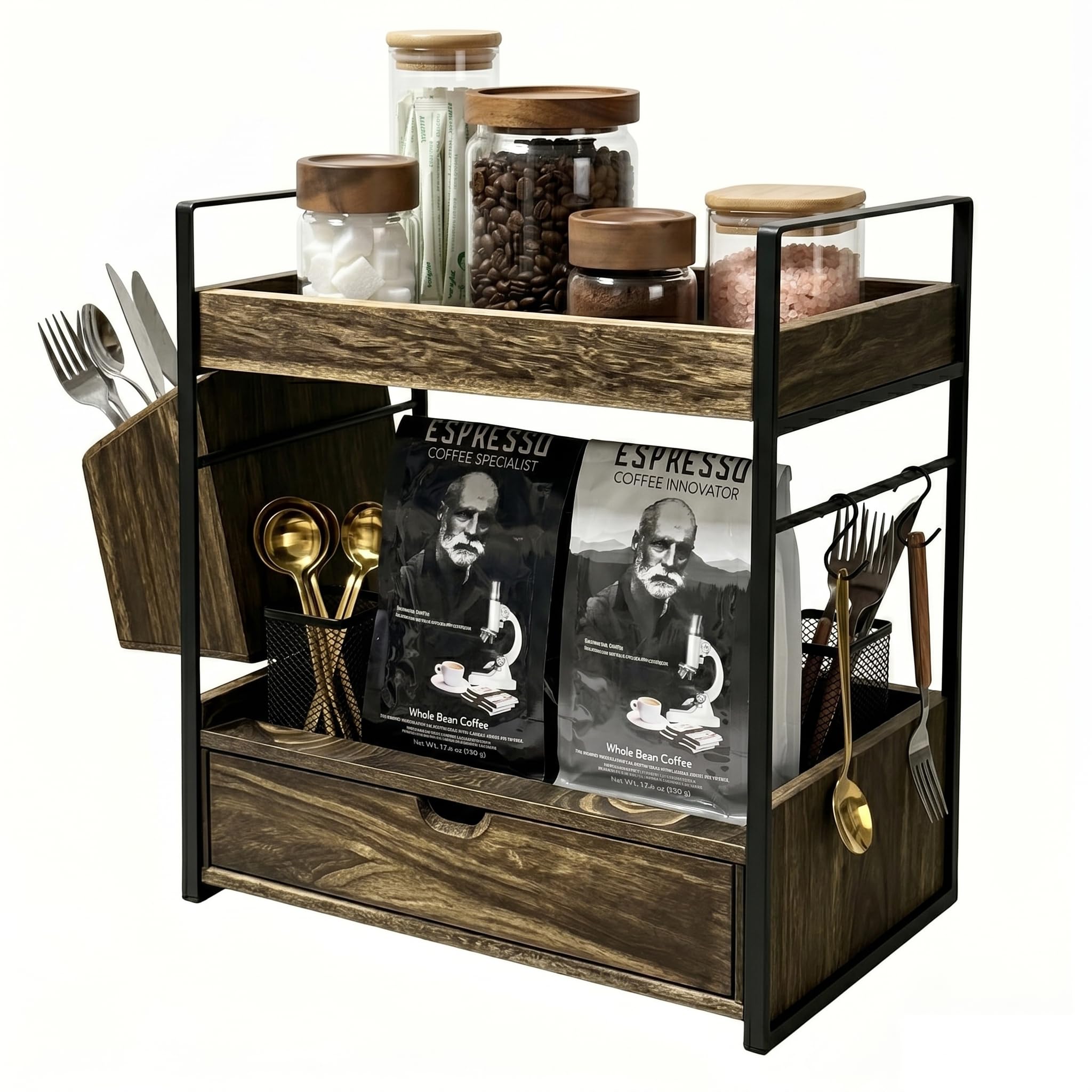 Gevvnss 2-Tier Coffee Station Organizer with Drawer & 2 Hooks