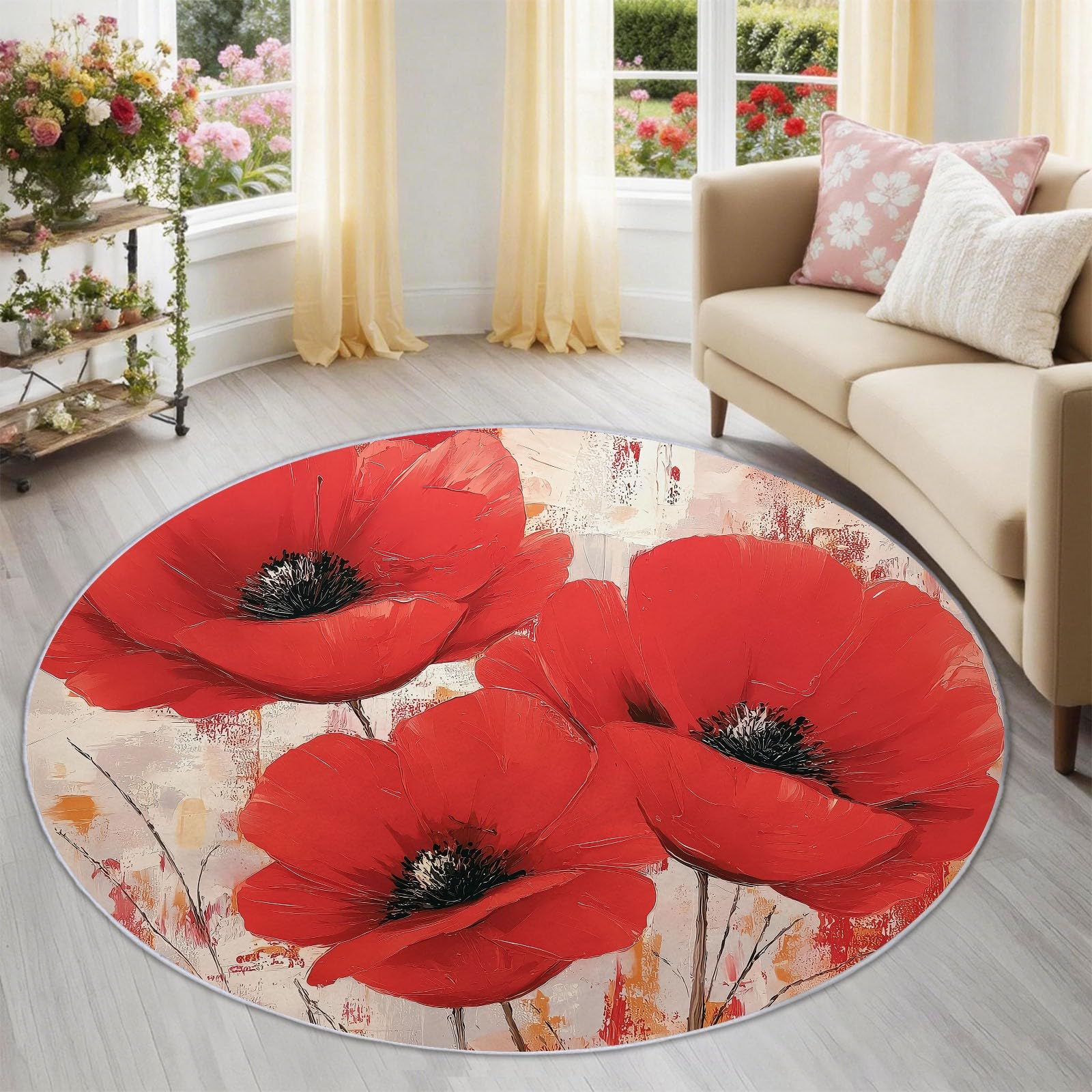 Tappeto rotondo per interni, 120 cm, classico, shabby chic, lavabile, rotondo, antiscivolo, per camera da letto, ragazzi, ragazze, colore: beige