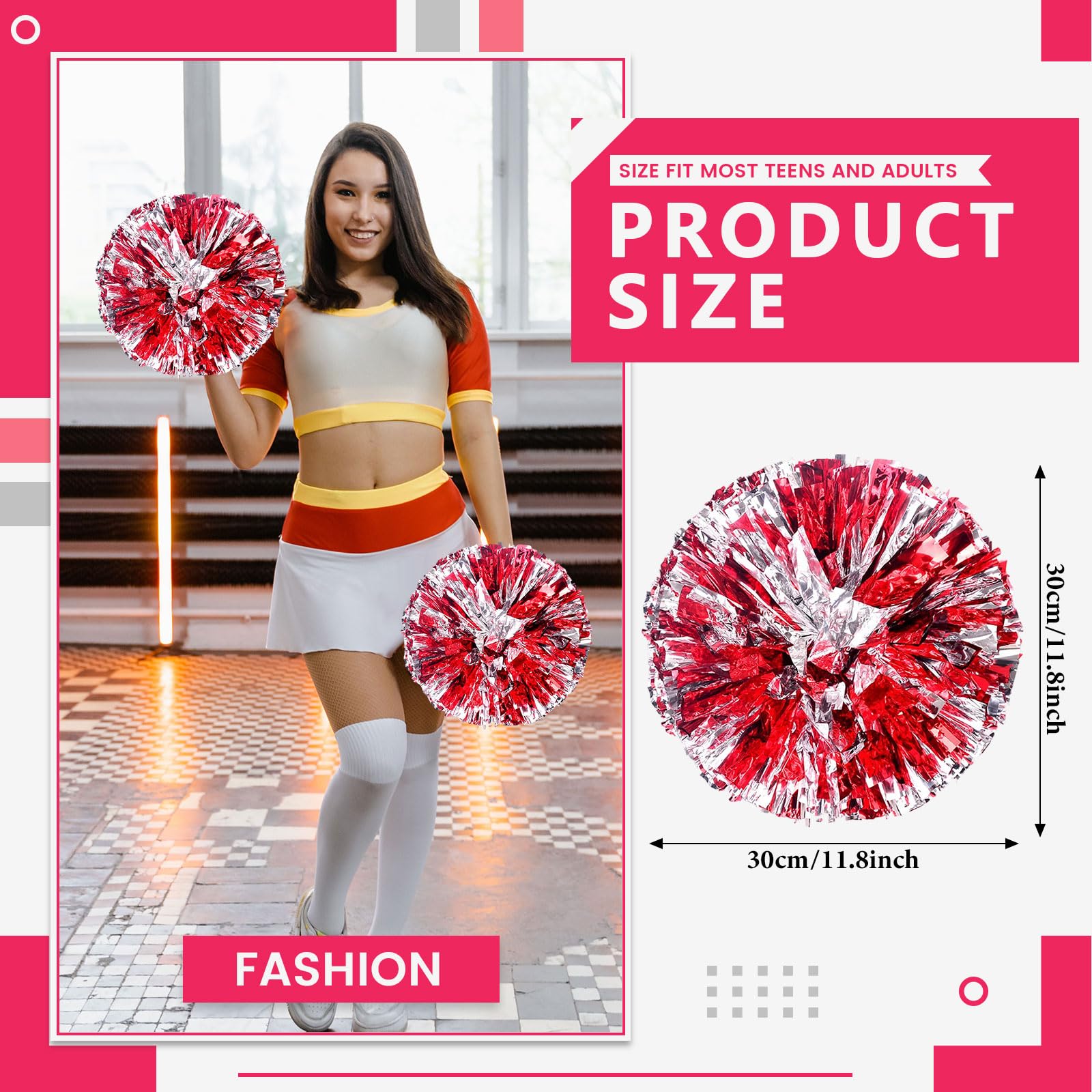 Pompony Cheer 26 szt. z uchwytem na cztery palce, ręczne pompony drużyny cheerleaderek do drużyny sportowej, gry ducha, na imprezę taneczną dla dorosłych (czerwone + srebrne)