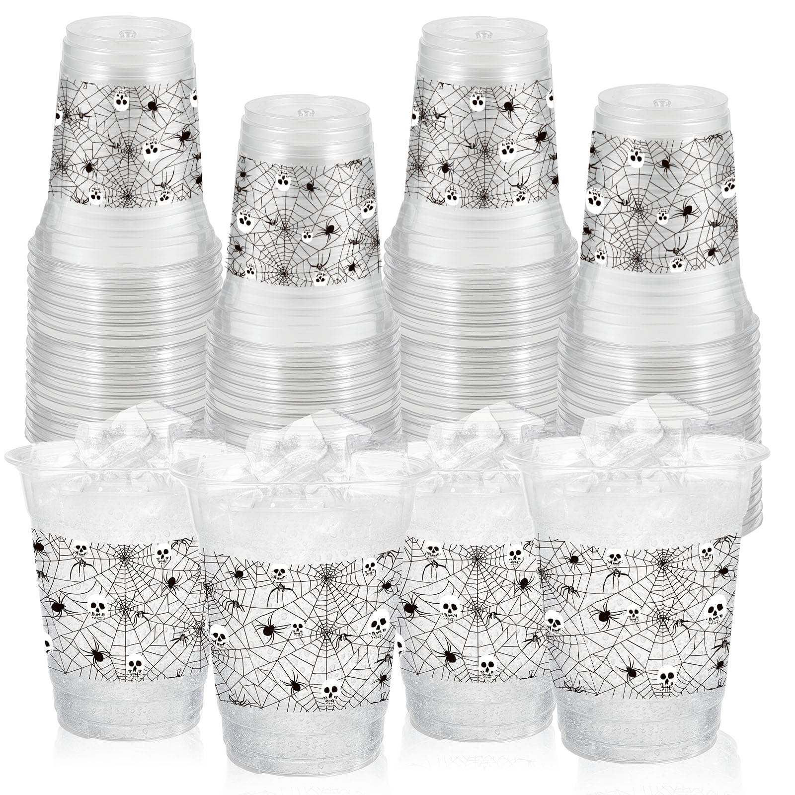 50 Pcs 12OZ Halloween Party Cups,Halloween Plastic Cups Party Decorations Clear Spider Web Skull Spider Printing Cups Juice Soda Beverage Birthdays Favors Supplies For Themed Birthdays Supplies