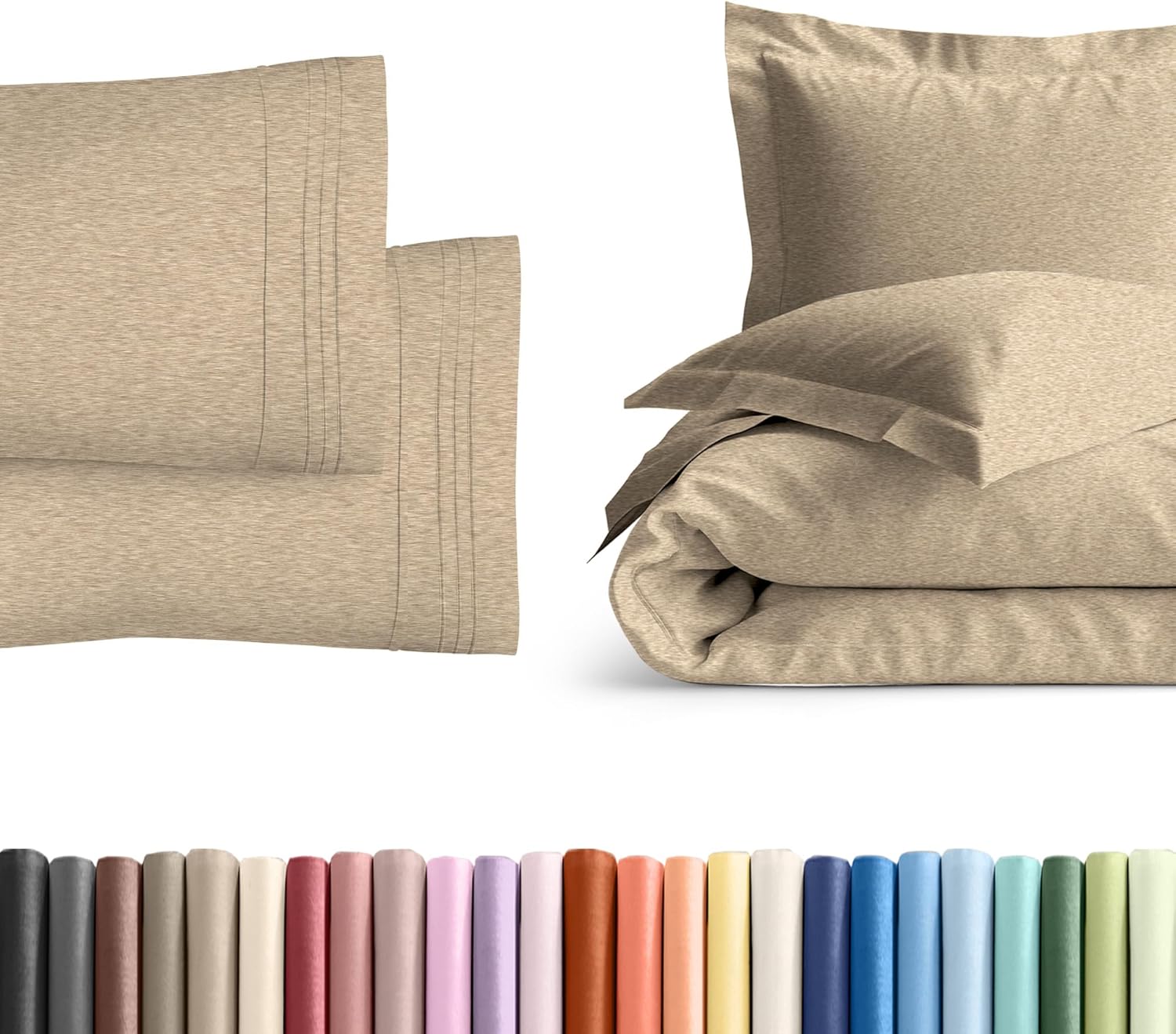 King Pillow Cases Set of 2 with Duvet Cover - Hotel Quality Pillowcase Covers - Cozy Luxury Bedding for Women, Men, Kids & Teens - Machine Washable Protectors - 2 Piece Set - King Size Heathered Beige