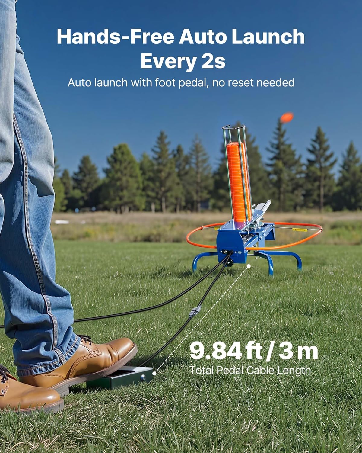 User operating VEVOR Clay Pigeon Thrower with foot pedal