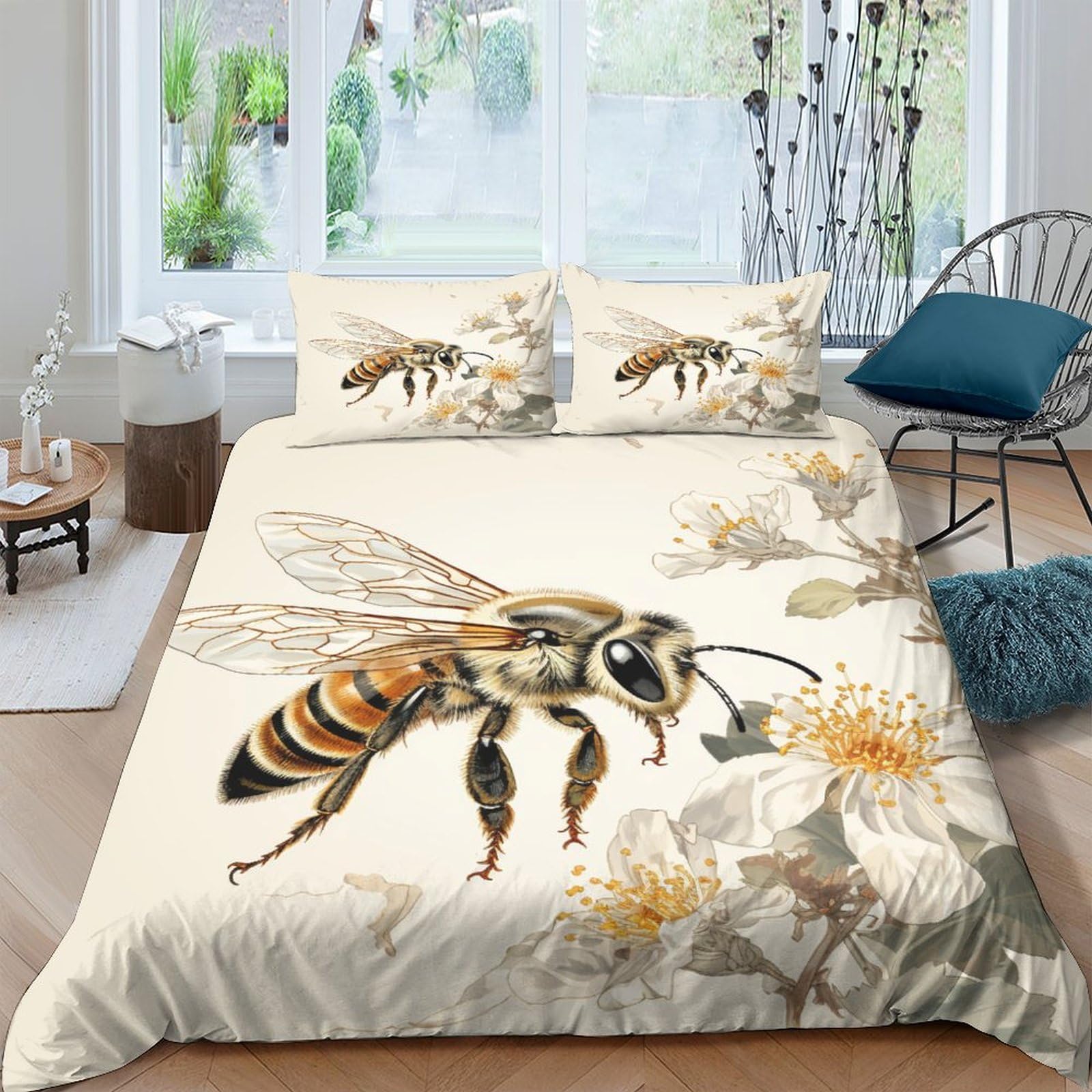 Parure de lit Abeille 3D en microfibre anti-plis pour lit double 200x200cm sans repassage