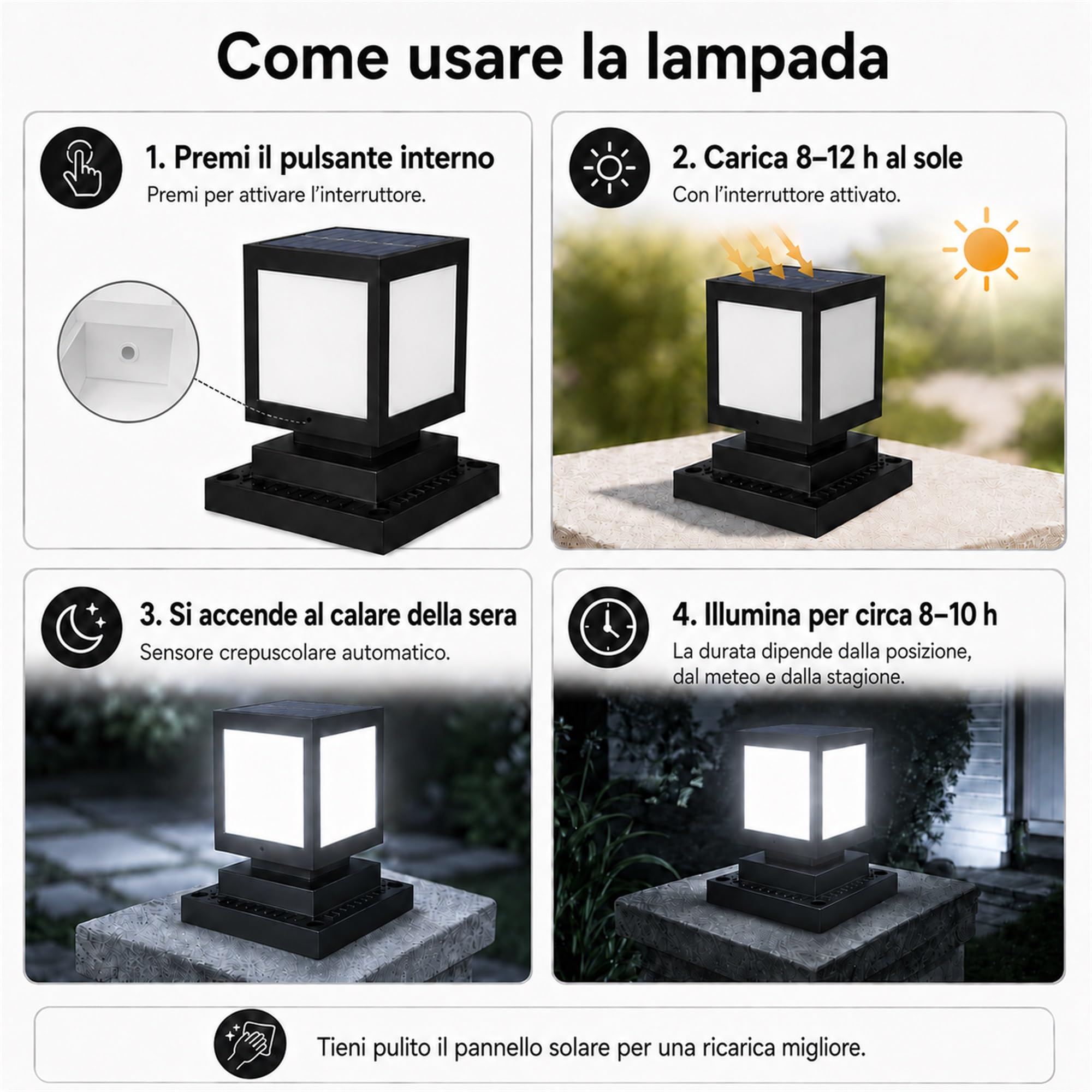 Lampione Solare da Giardino IP45, Luce da Pilastro LED, Nero | Luce solare da pilastro per giardino, cancello e vialetto; 2200mAh, 12 LED, IP45, 6000K Luce Bianca